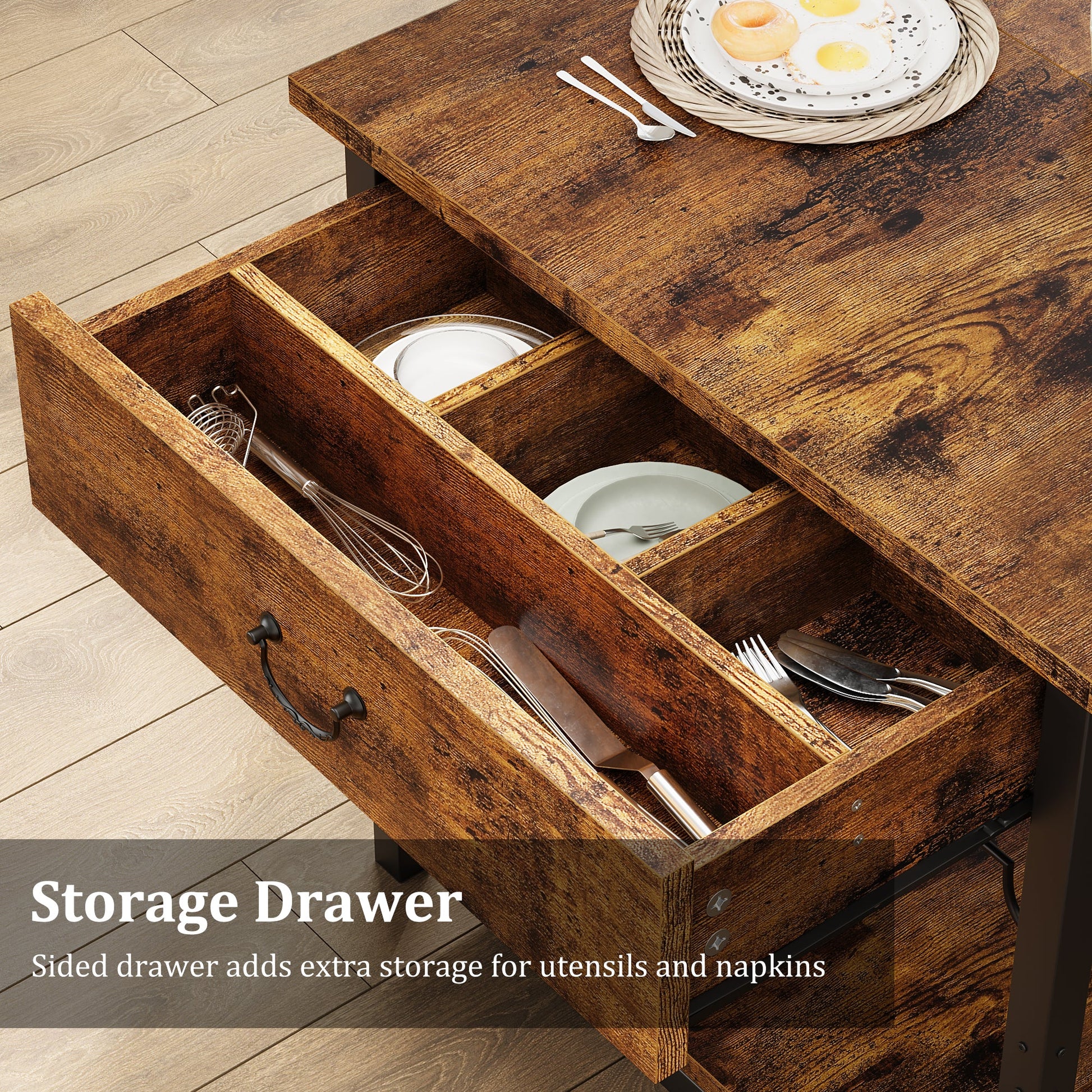 Set da pranzo Garvee per 4 persone con spazio di archiviazione e portabottiglie, panche imbottite, struttura in MDF e acciaio, marrone retrò, salvaspazio, cucine piccole