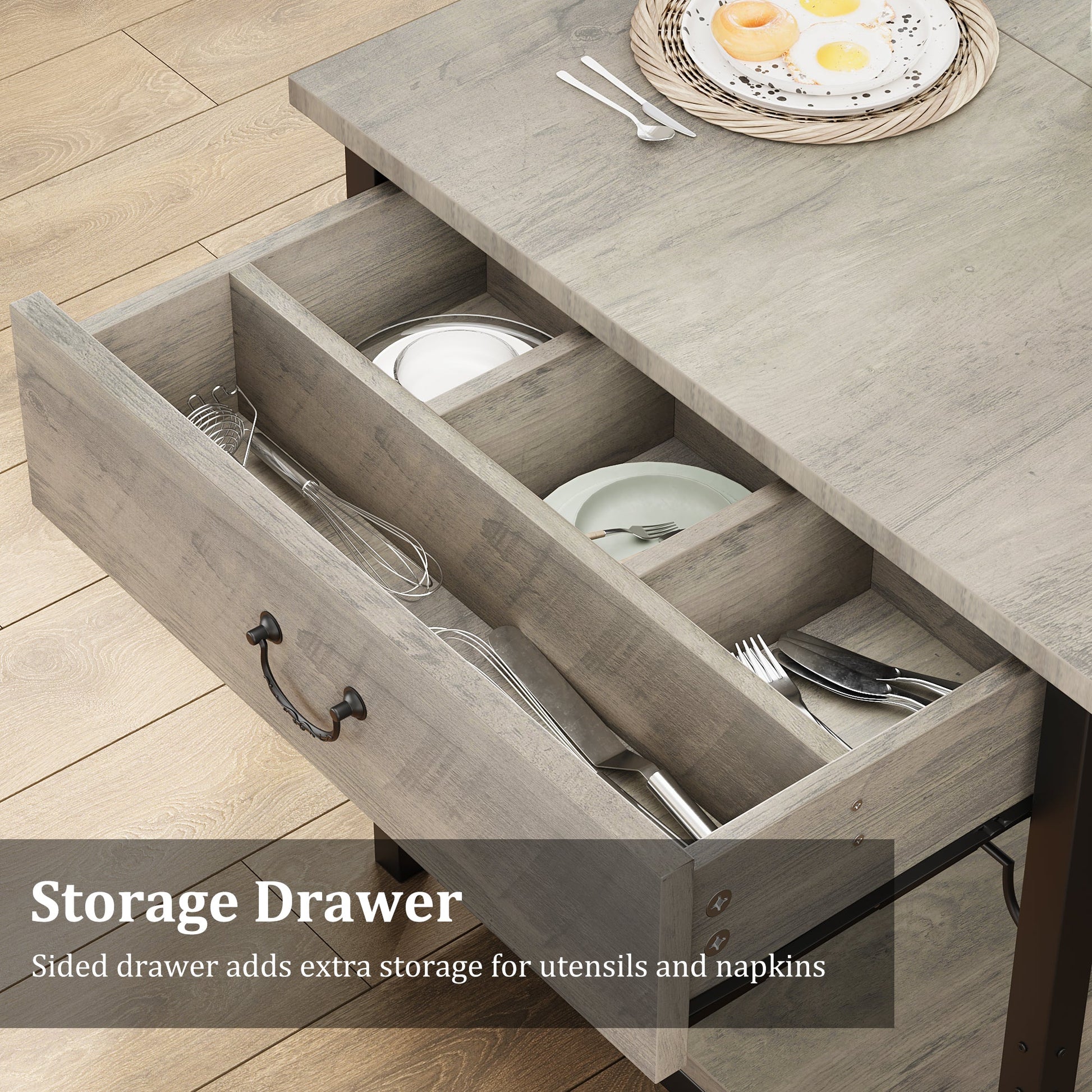 Set da pranzo Garvee per 4 persone con spazio di archiviazione e portabottiglie, panche imbottite, struttura in MDF e metallo, grigio, salvaspazio, stanze piccole