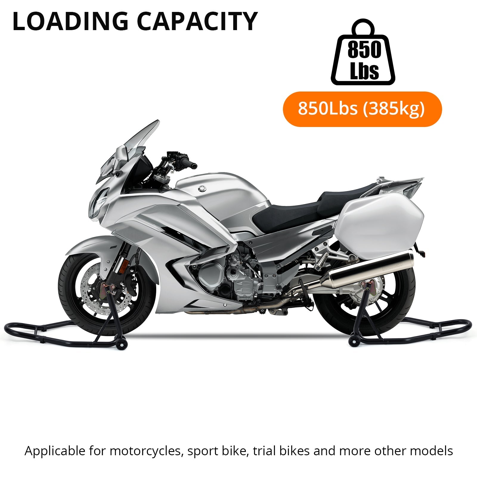 Cavalletto per moto Garvee, capacità di 850 libbre, cavalletto combinato anteriore/posteriore, struttura robusta in acciaio, forcelle regolabili per officina e garage