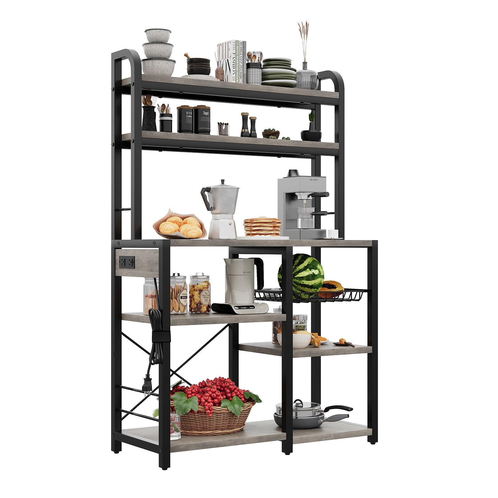 Supporto per microonde Garvee Bakers Rack con prese, 6 ripiani, metallo, robusto, per cucina e sala da pranzo, 35,49" L x 15,79" P, nero
