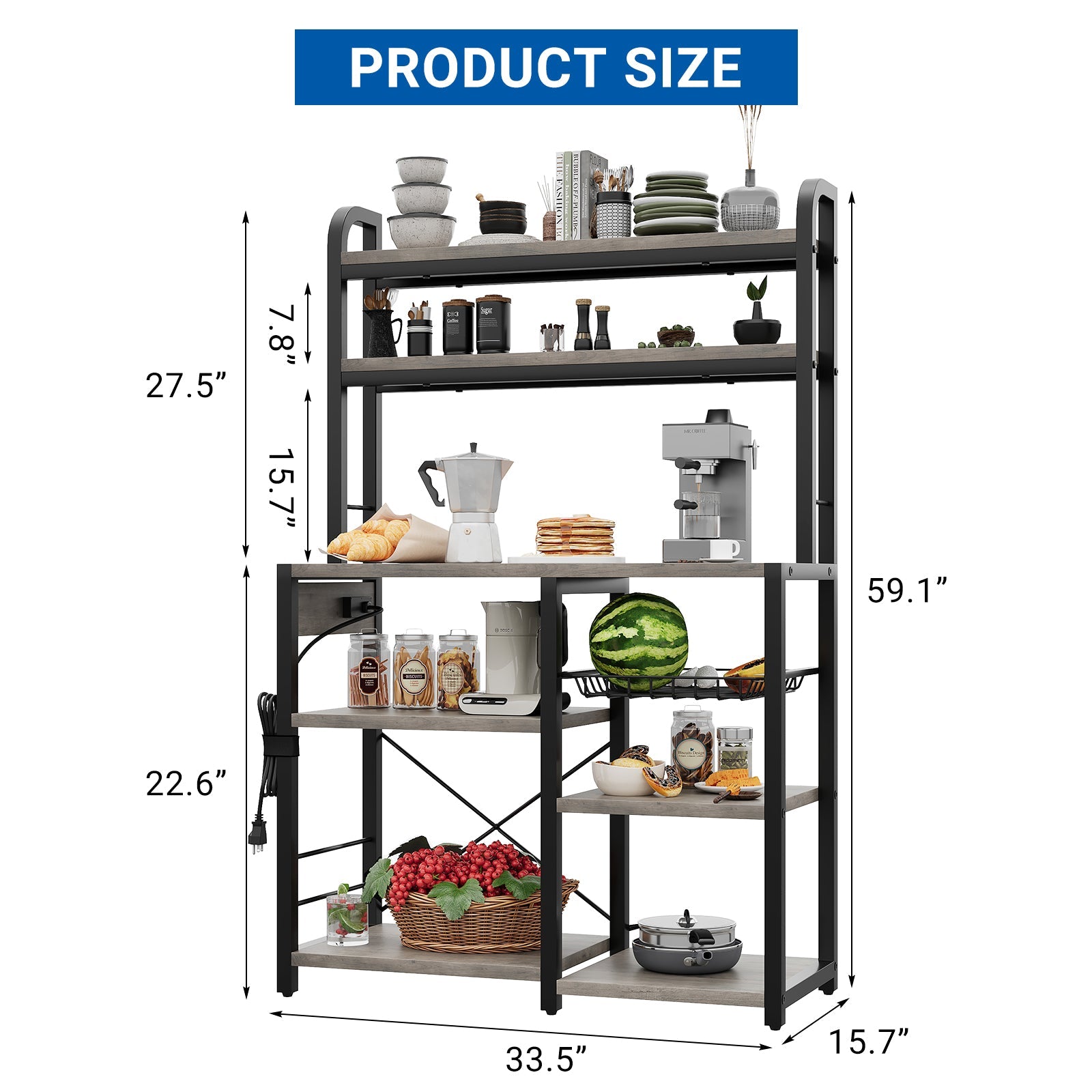 Supporto per microonde Garvee Bakers Rack con prese, 6 ripiani, metallo, robusto, per cucina e sala da pranzo, 35,49" L x 15,79" P, nero