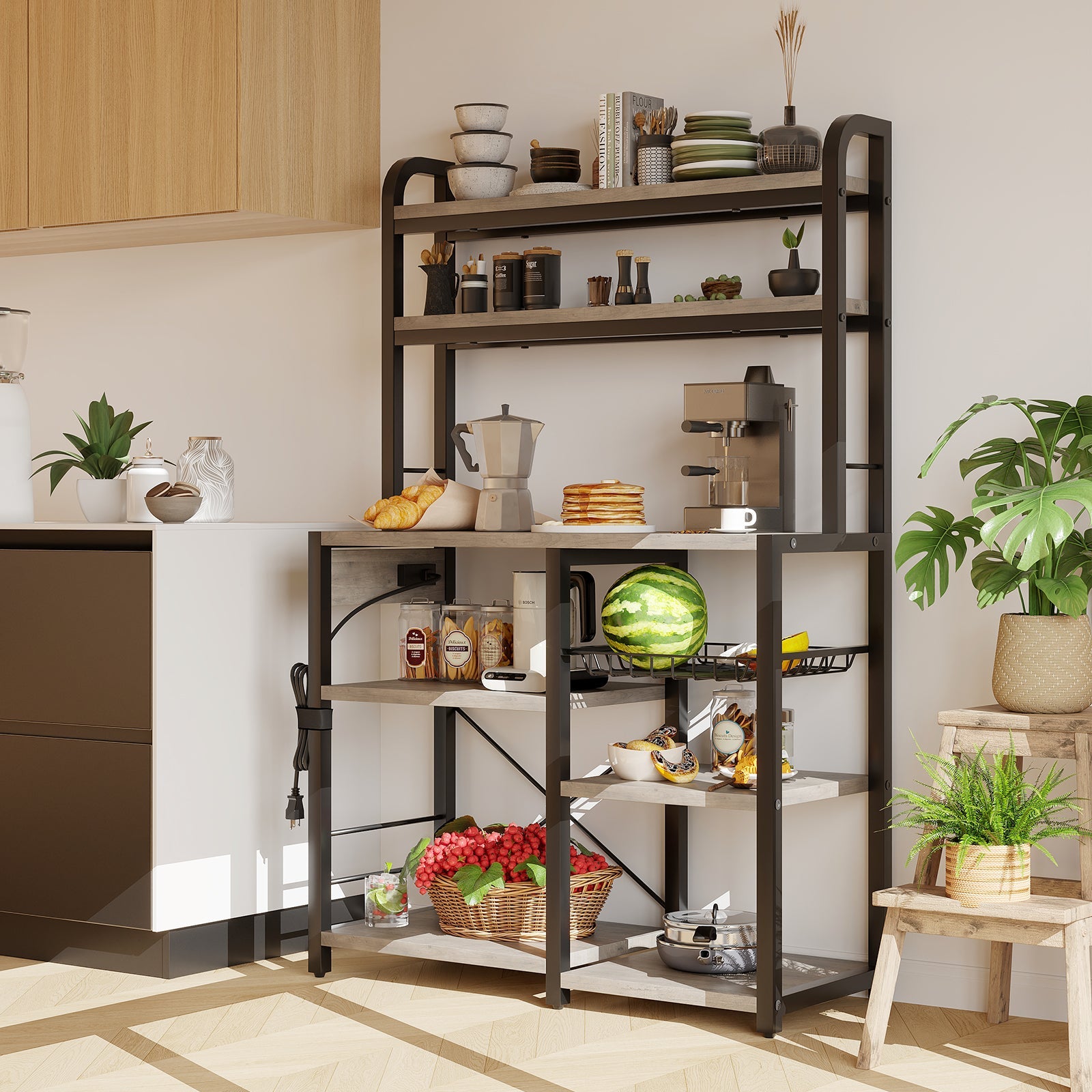Supporto per microonde Garvee Bakers Rack con prese, 6 ripiani, metallo, robusto, per cucina e sala da pranzo, 35,49" L x 15,79" P, nero