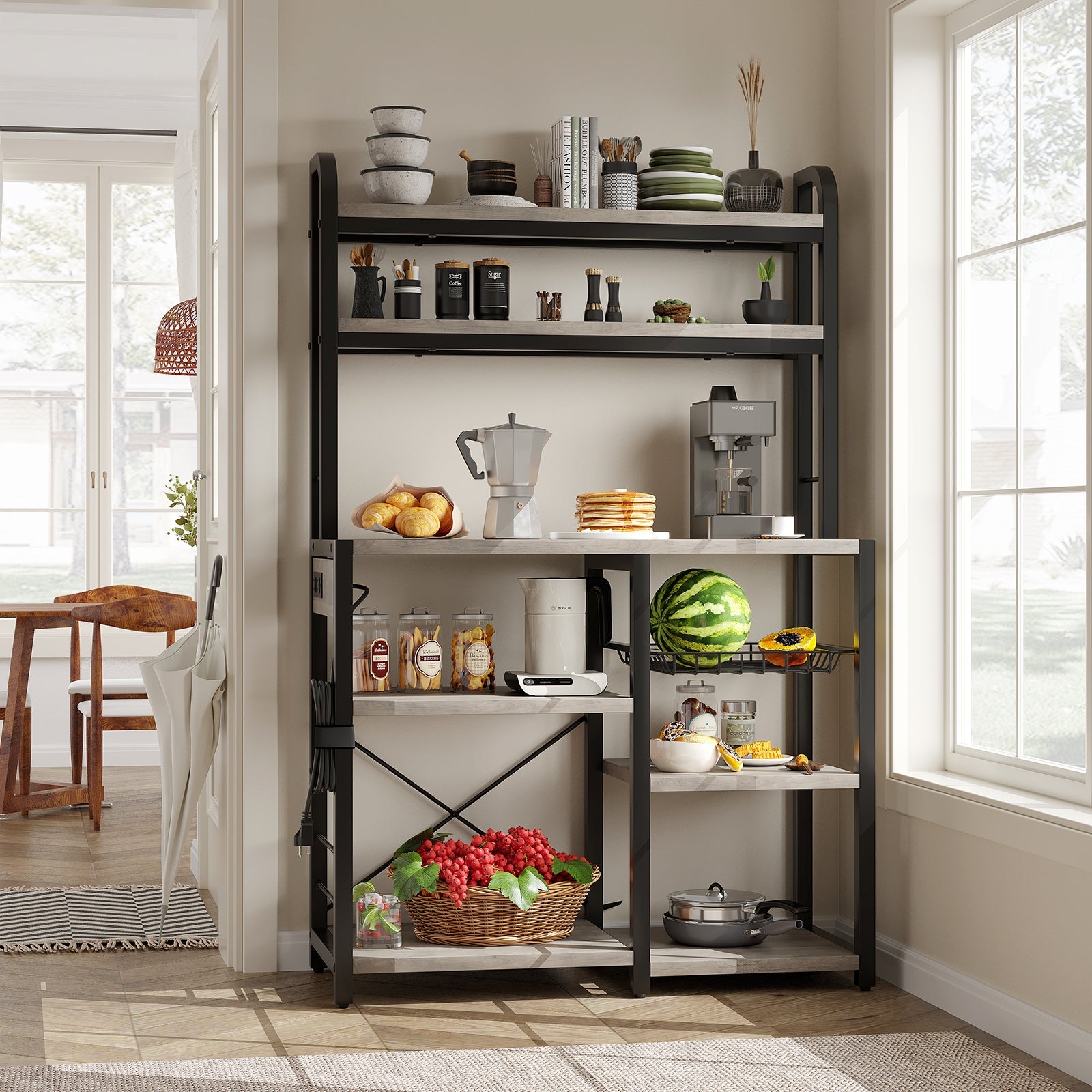 Supporto per microonde Garvee Bakers Rack con prese, 6 ripiani, metallo, robusto, per cucina e sala da pranzo, 35,49" L x 15,79" P, nero