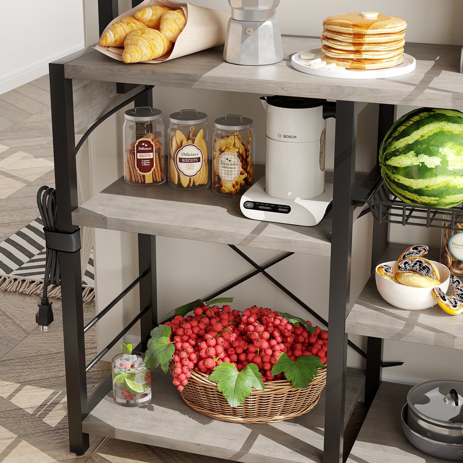 Supporto per microonde Garvee Bakers Rack con prese, 6 ripiani, metallo, robusto, per cucina e sala da pranzo, 35,49" L x 15,79" P, nero