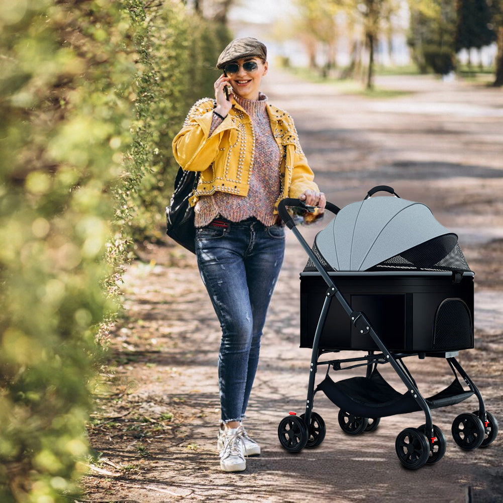 Passeggino pieghevole 3 in 1 Garvee per animali domestici, con cestino portaoggetti, finestra in rete, portatile, fino a 25 kg, nero