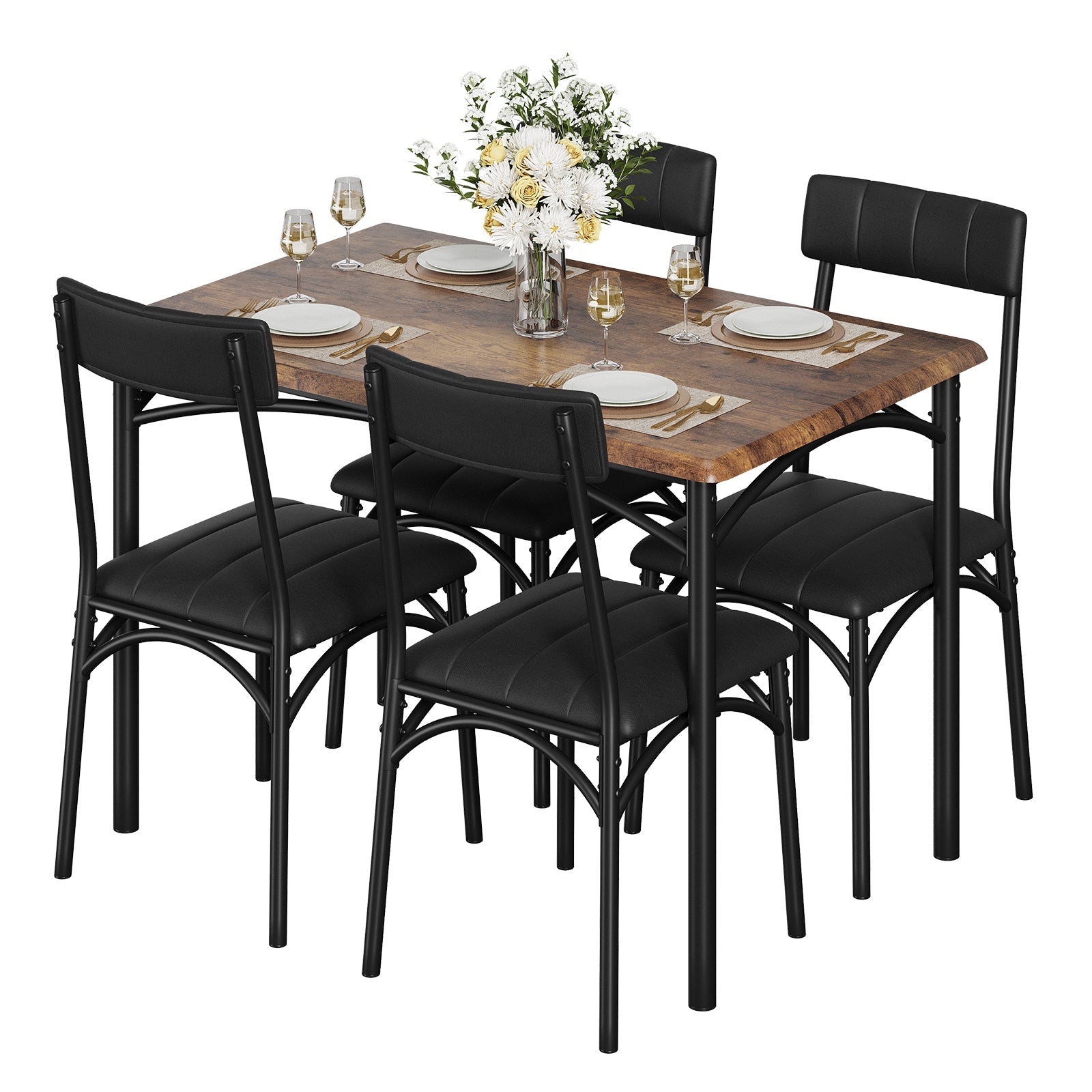 Set da pranzo Garvee per 4 persone, tavolo da cucina rustico con sedie imbottite, MDF e acciaio, salvaspazio, impermeabile, facile da montare, ideale per piccoli spazi