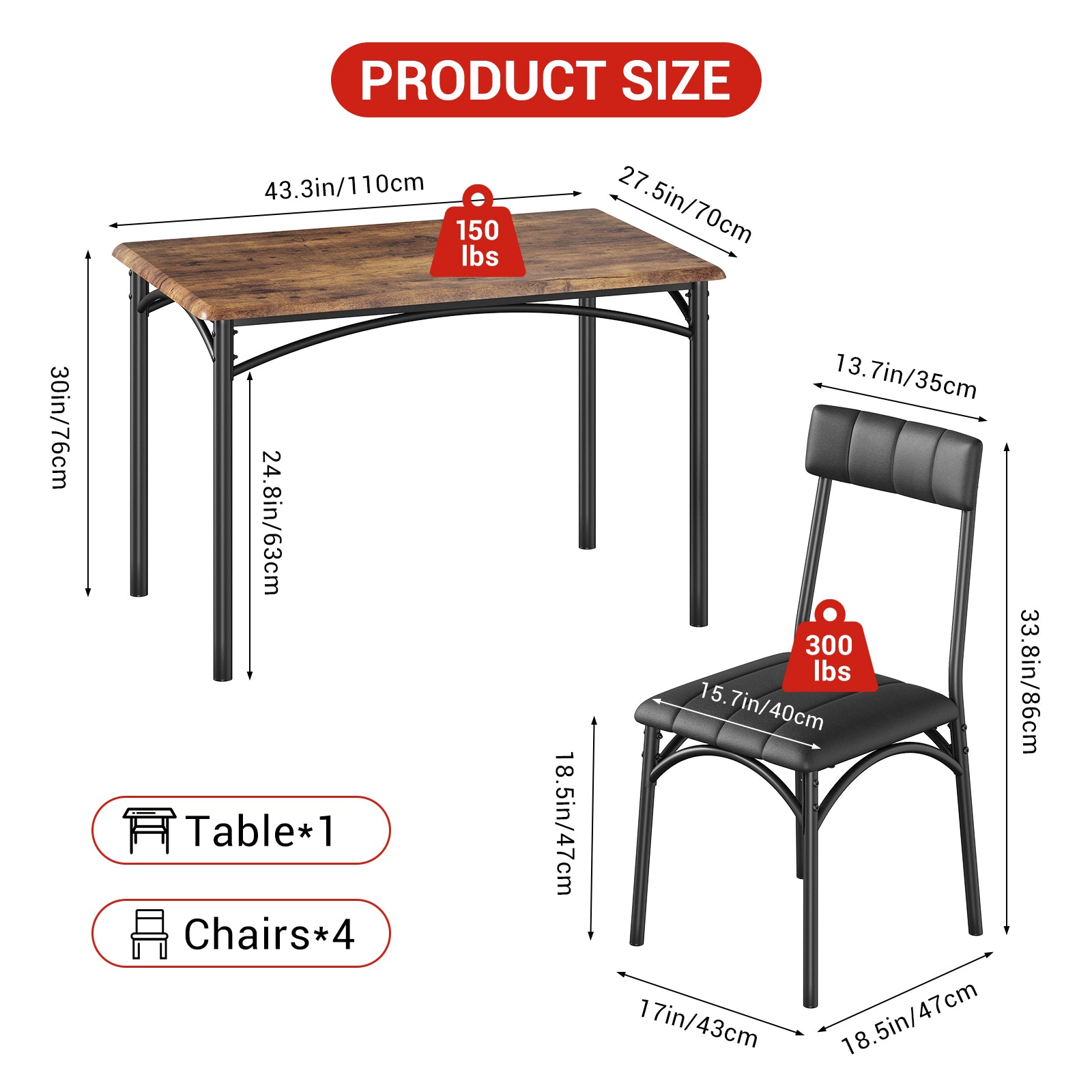 Set da pranzo Garvee per 4 persone, tavolo da cucina rustico con sedie imbottite, MDF e acciaio, salvaspazio, impermeabile, facile da montare, ideale per piccoli spazi