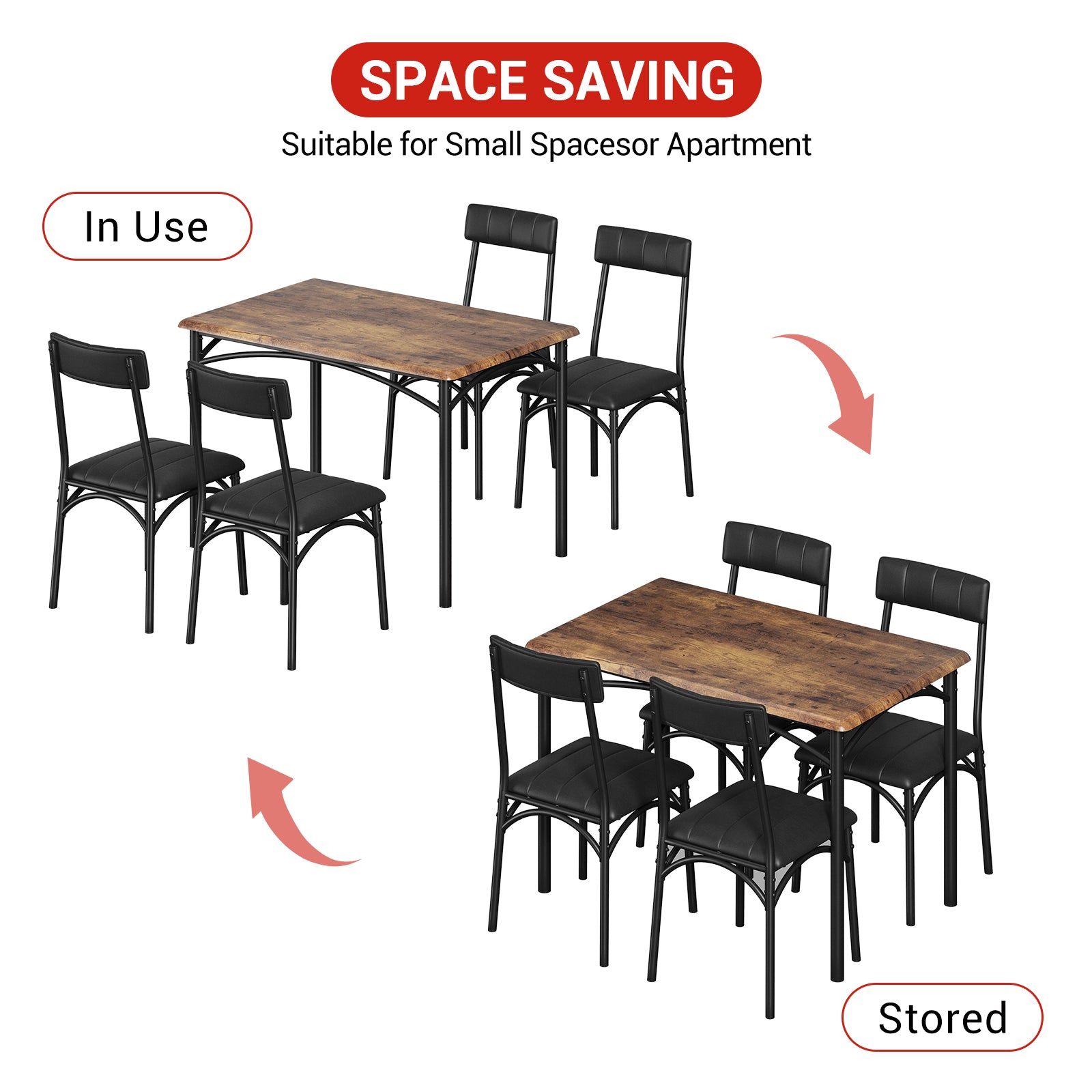 Set da pranzo Garvee per 4 persone, tavolo da cucina rustico con sedie imbottite, MDF e acciaio, salvaspazio, impermeabile, facile da montare, ideale per piccoli spazi