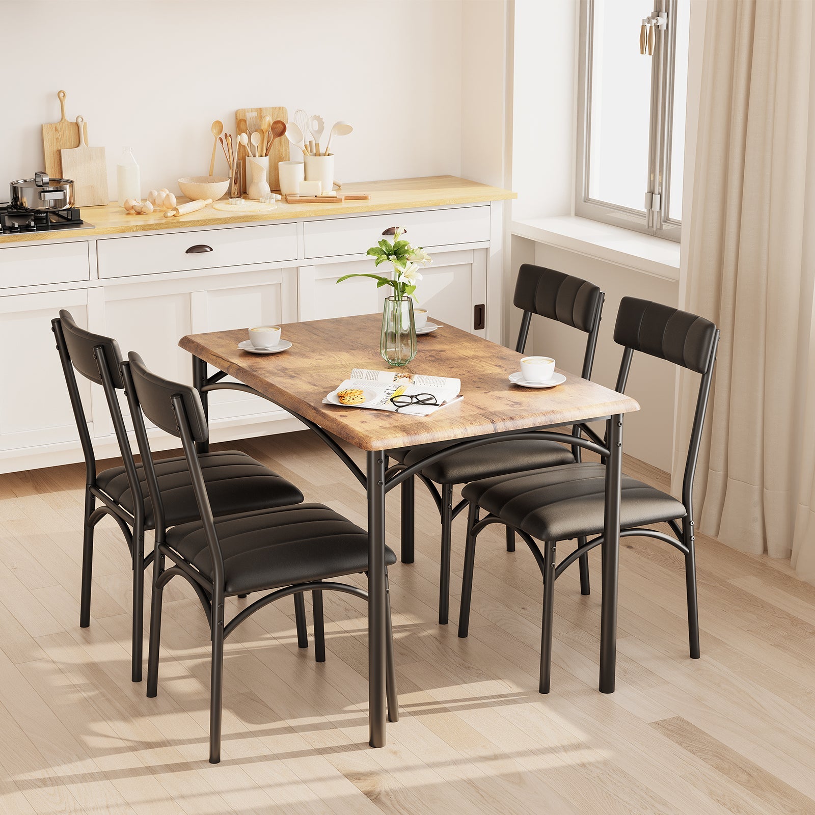 Set da pranzo Garvee per 4 persone, tavolo da cucina rustico con sedie imbottite, MDF e acciaio, salvaspazio, impermeabile, facile da montare, ideale per piccoli spazi