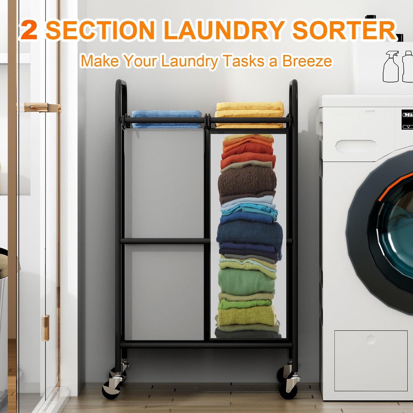 Carrello portabiancheria Garvee da 80 litri con bloccaggio ruote, robusto, capiente e facile da spostare.