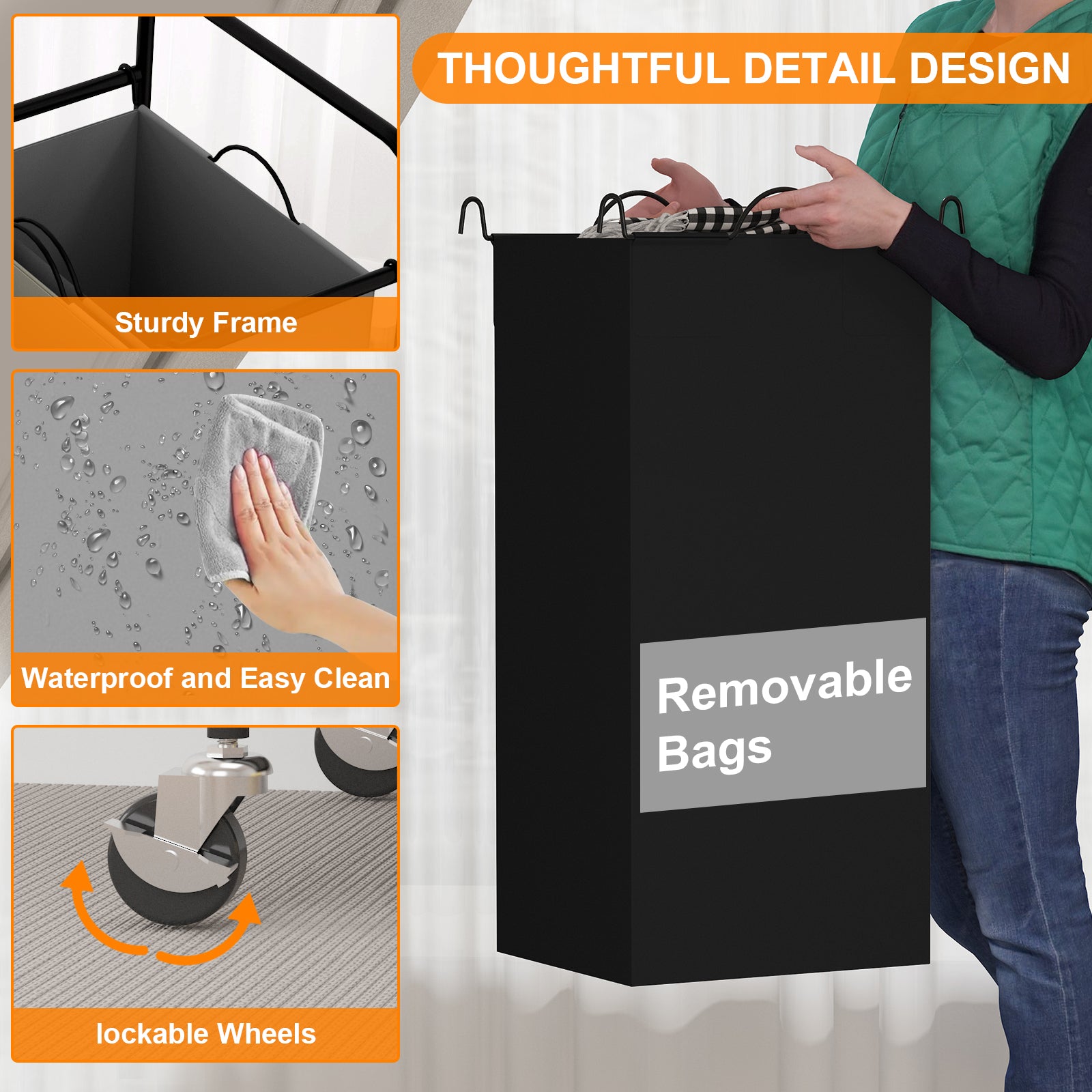 Carrello portabiancheria Garvee da 80 litri con bloccaggio ruote, robusto, capiente e facile da spostare.