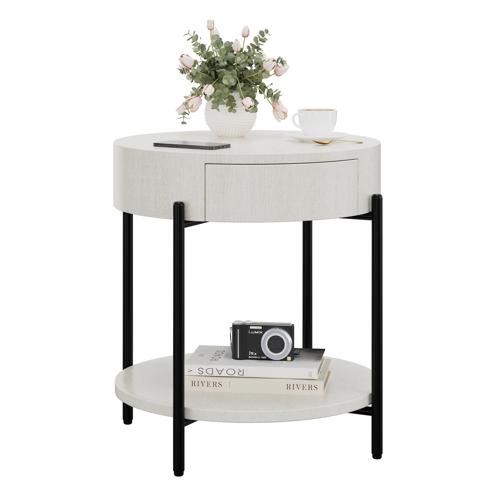Tavolino rotondo Garvee con cassetto, in legno e metallo, stile vintage da fattoria per soggiorno e camera da letto, 19,69'' in legno naturale