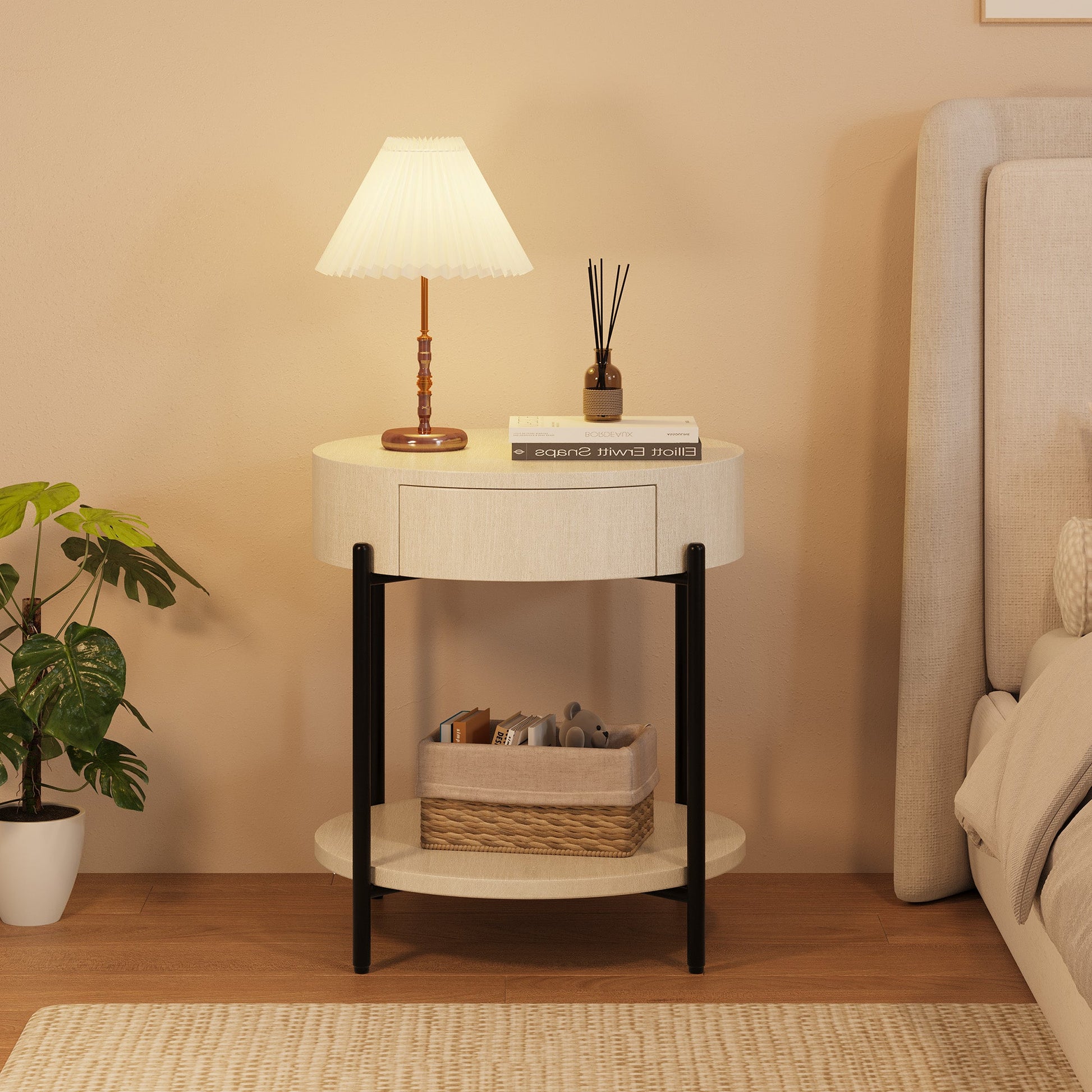 Tavolino rotondo Garvee con cassetto, in legno e metallo, stile vintage da fattoria per soggiorno e camera da letto, 19,69'' in legno naturale