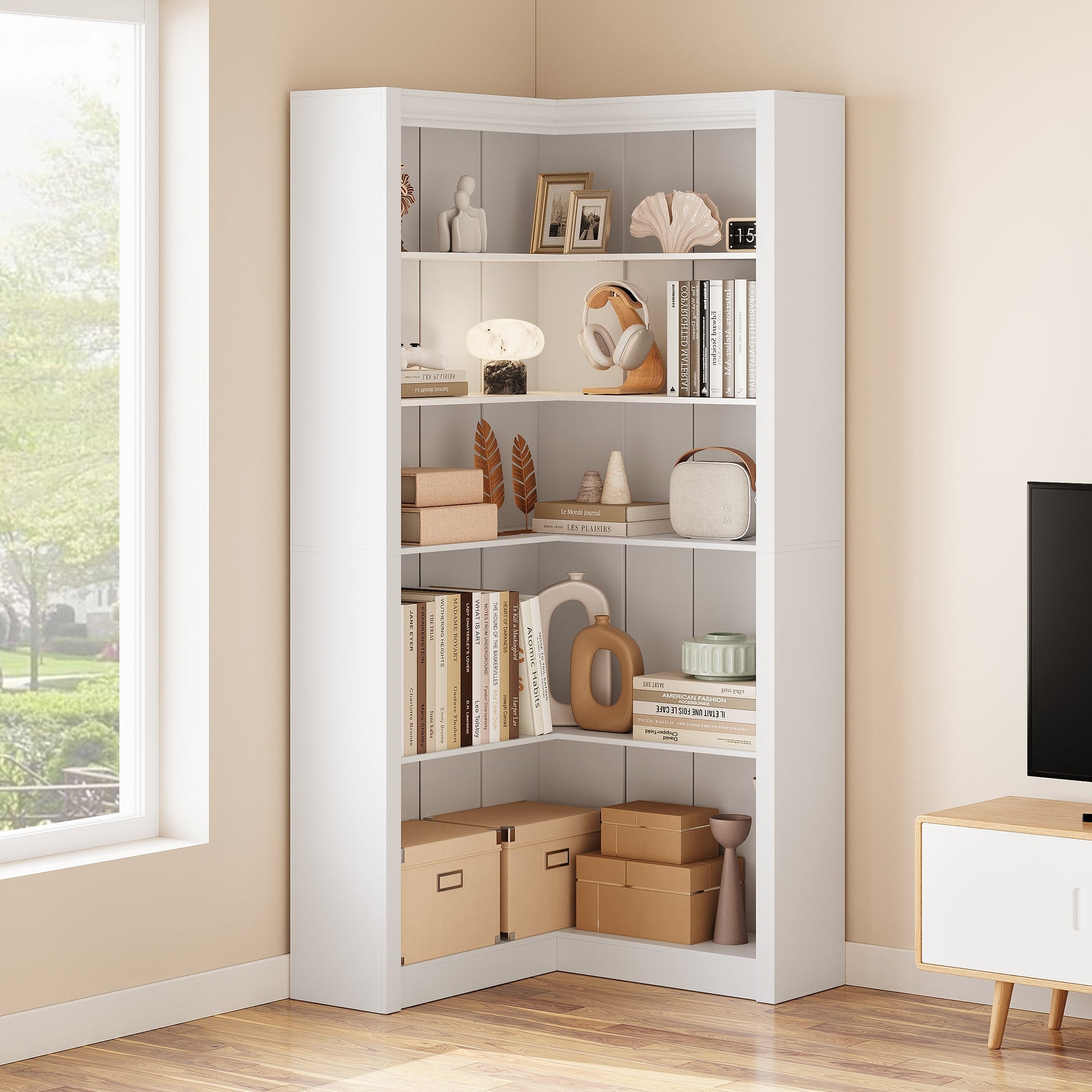 Mensola angolare Garvee da 71,8 pollici, bianca, a forma di L, 5 ripiani, robusta struttura in MDF antiribaltamento, per soggiorno, ufficio