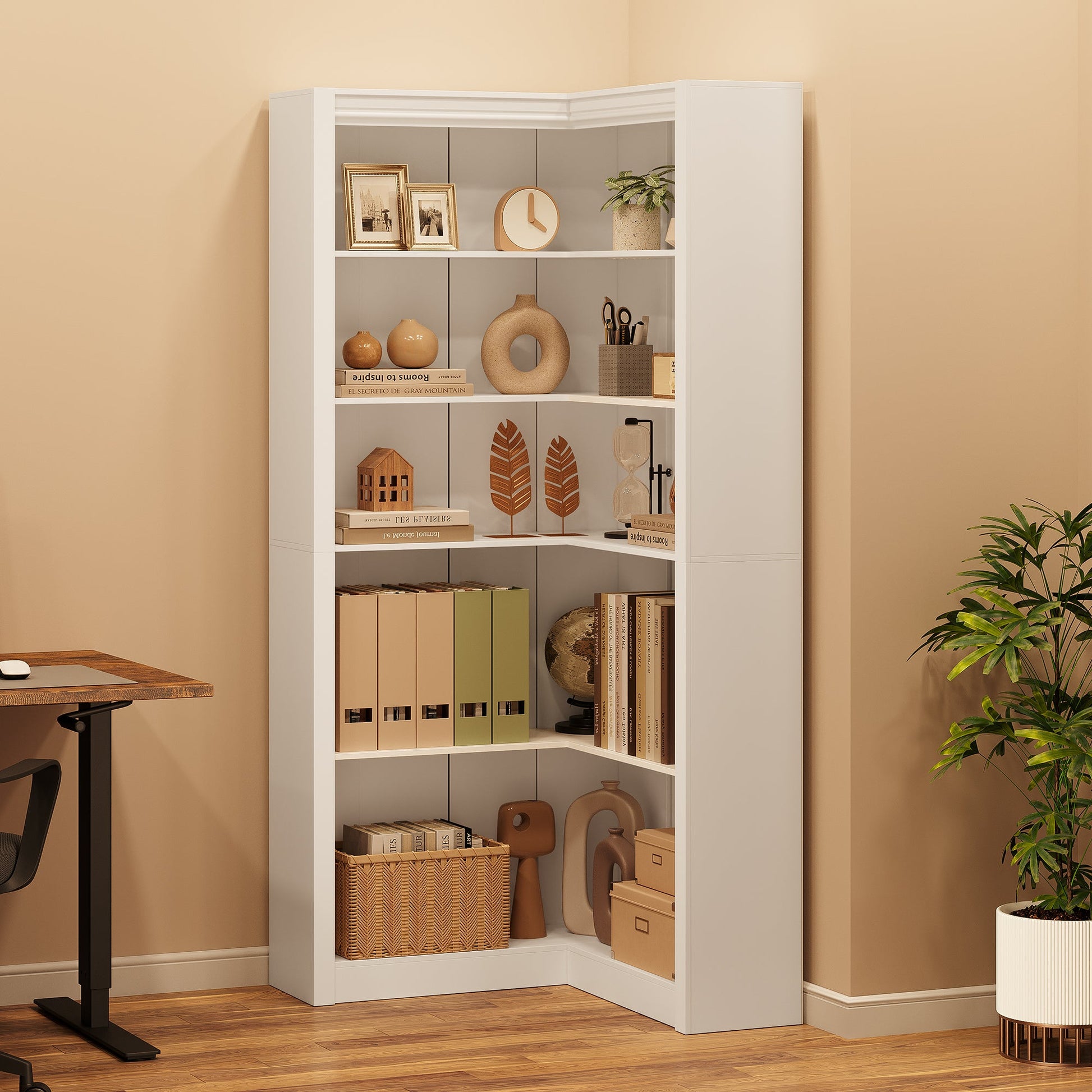 Mensola angolare Garvee da 71,8 pollici, bianca, a forma di L, 5 ripiani, robusta struttura in MDF antiribaltamento, per soggiorno, ufficio