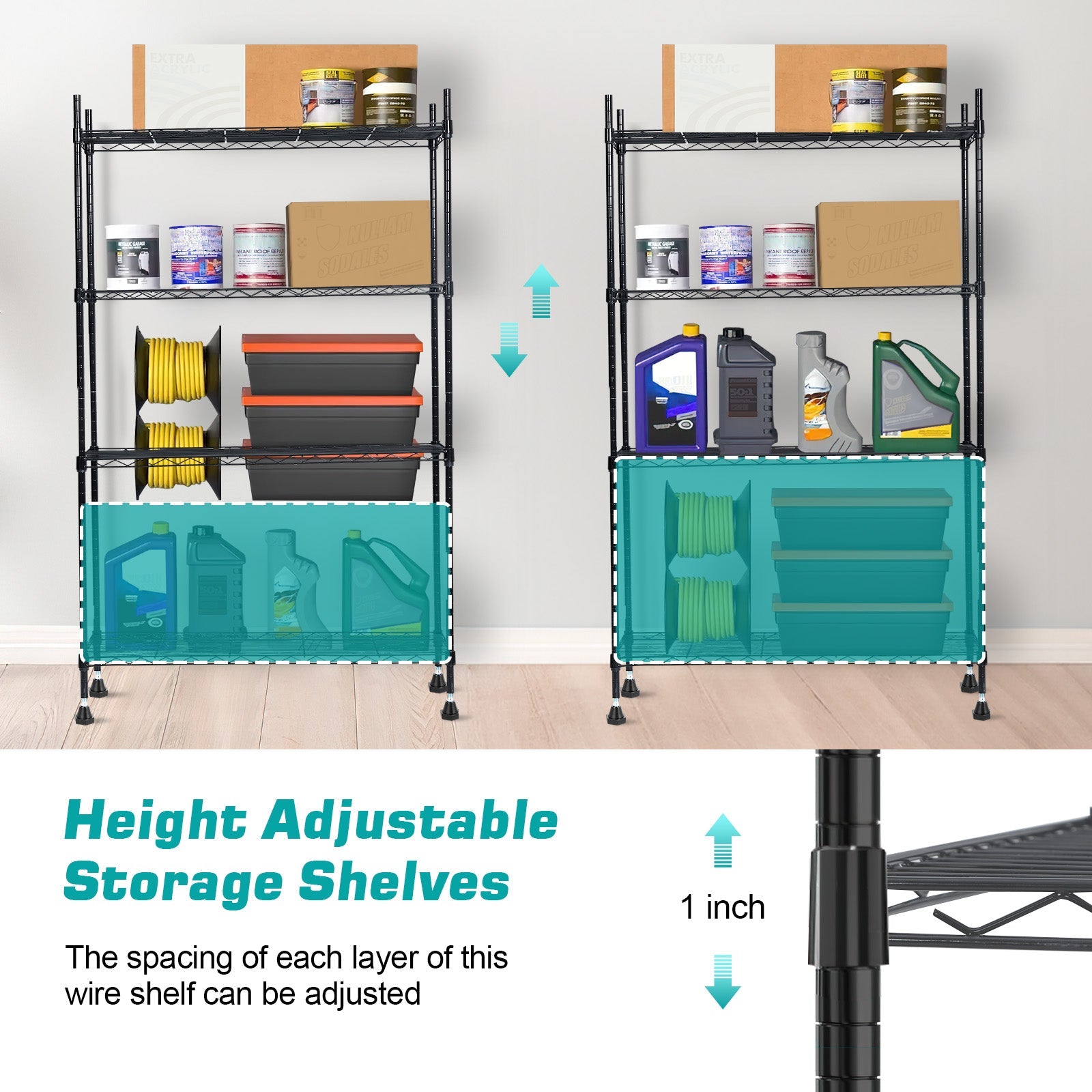 Scaffale in acciaio per impieghi gravosi regolabile a 4 livelli Garvee, capacità di carico di 350 libbre, struttura in metallo nero, cucina e garage