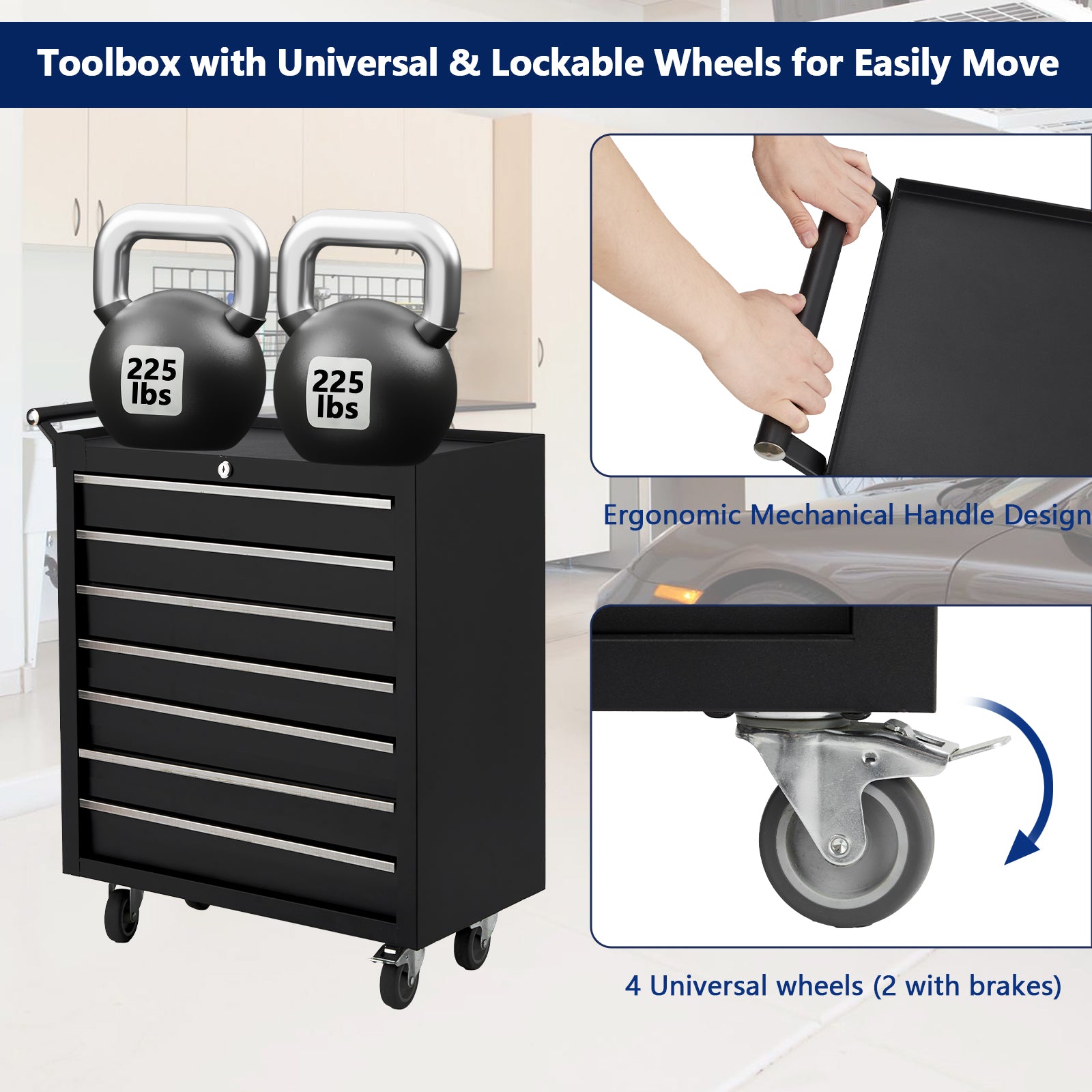 Cassetta portautensili Garvee con 7 cassetti e ruote, bloccabile, in acciaio per officina e garage, robusta, mobile, nera