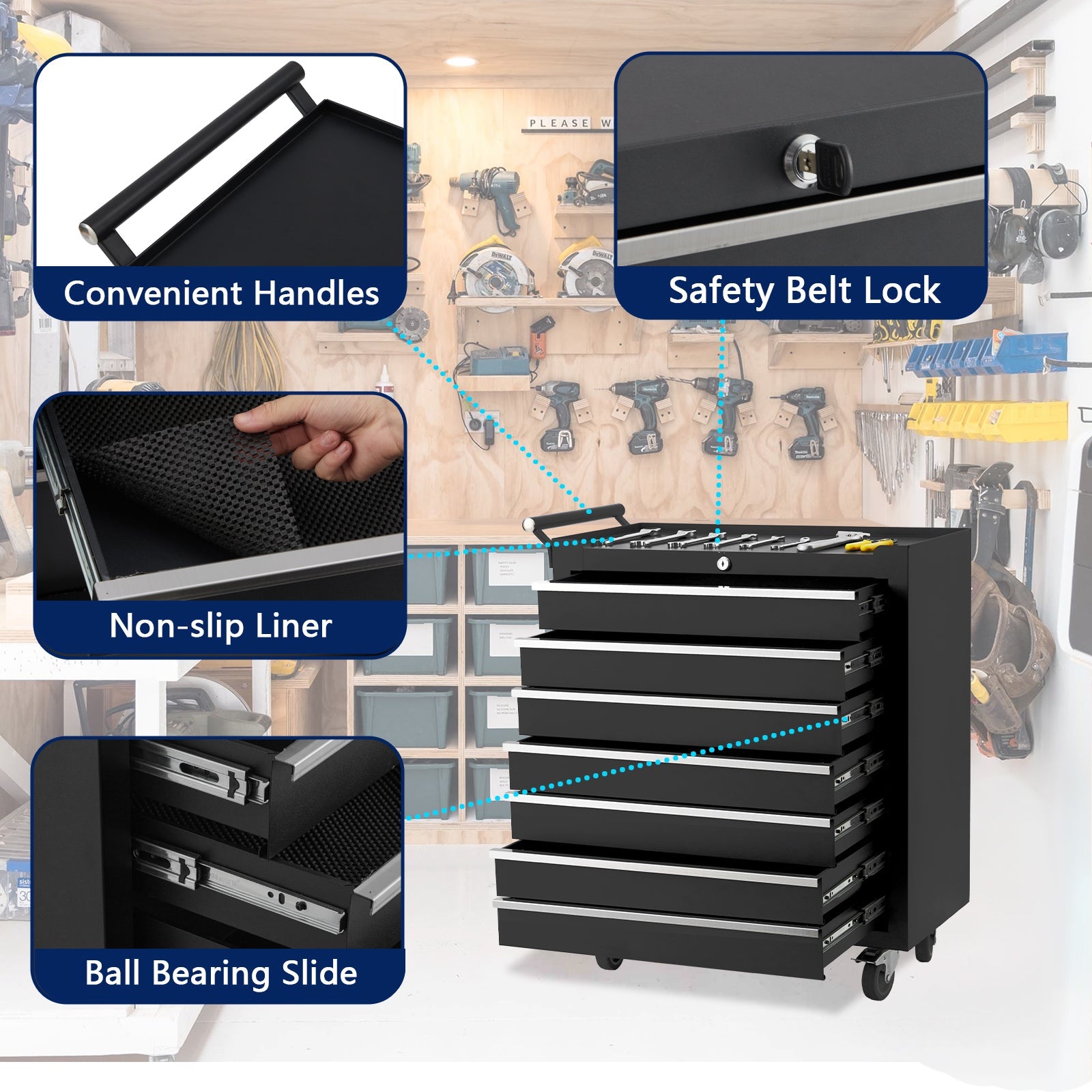 Cassetta portautensili Garvee con 7 cassetti e ruote, bloccabile, in acciaio per officina e garage, robusta, mobile, nera