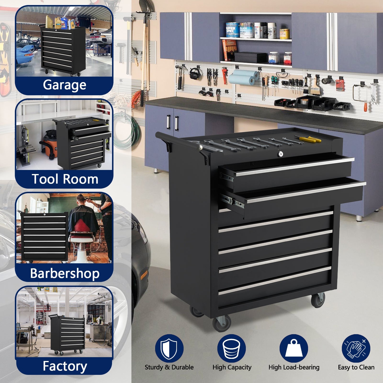 Cassetta portautensili Garvee con 7 cassetti e ruote, bloccabile, in acciaio per officina e garage, robusta, mobile, nera