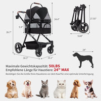 Passeggino pieghevole e richiudibile per cani GARVEE fino a 22 kg, nero | Con trasportino, finestre in rete, parapioggia e cestino | Per cani e animali domestici