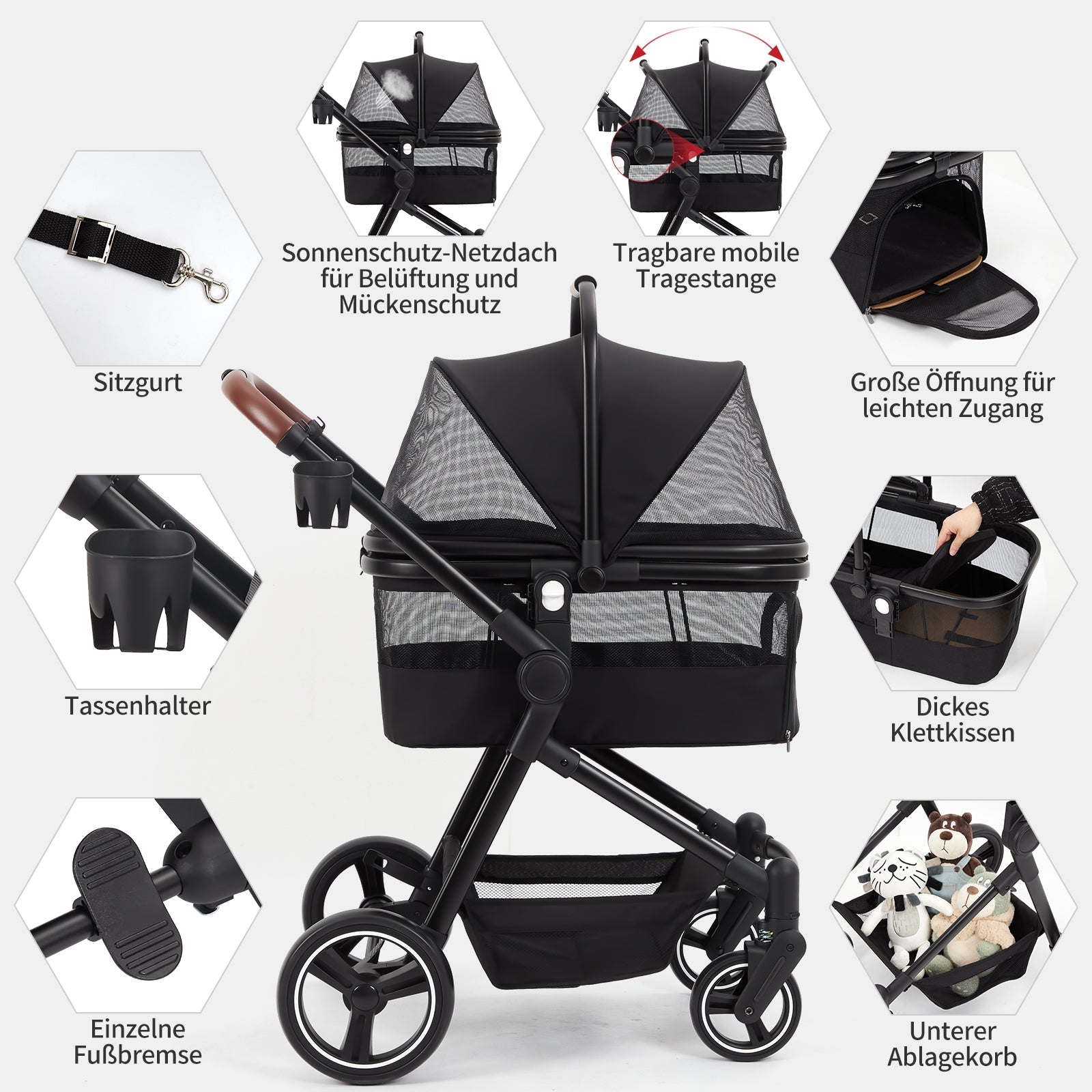 Passeggino pieghevole e richiudibile per cani GARVEE fino a 22 kg, nero | Con trasportino, finestre in rete, parapioggia e cestino | Per cani e animali domestici