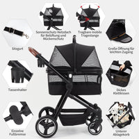 Passeggino pieghevole e richiudibile per cani GARVEE fino a 22 kg, nero | Con trasportino, finestre in rete, parapioggia e cestino | Per cani e animali domestici