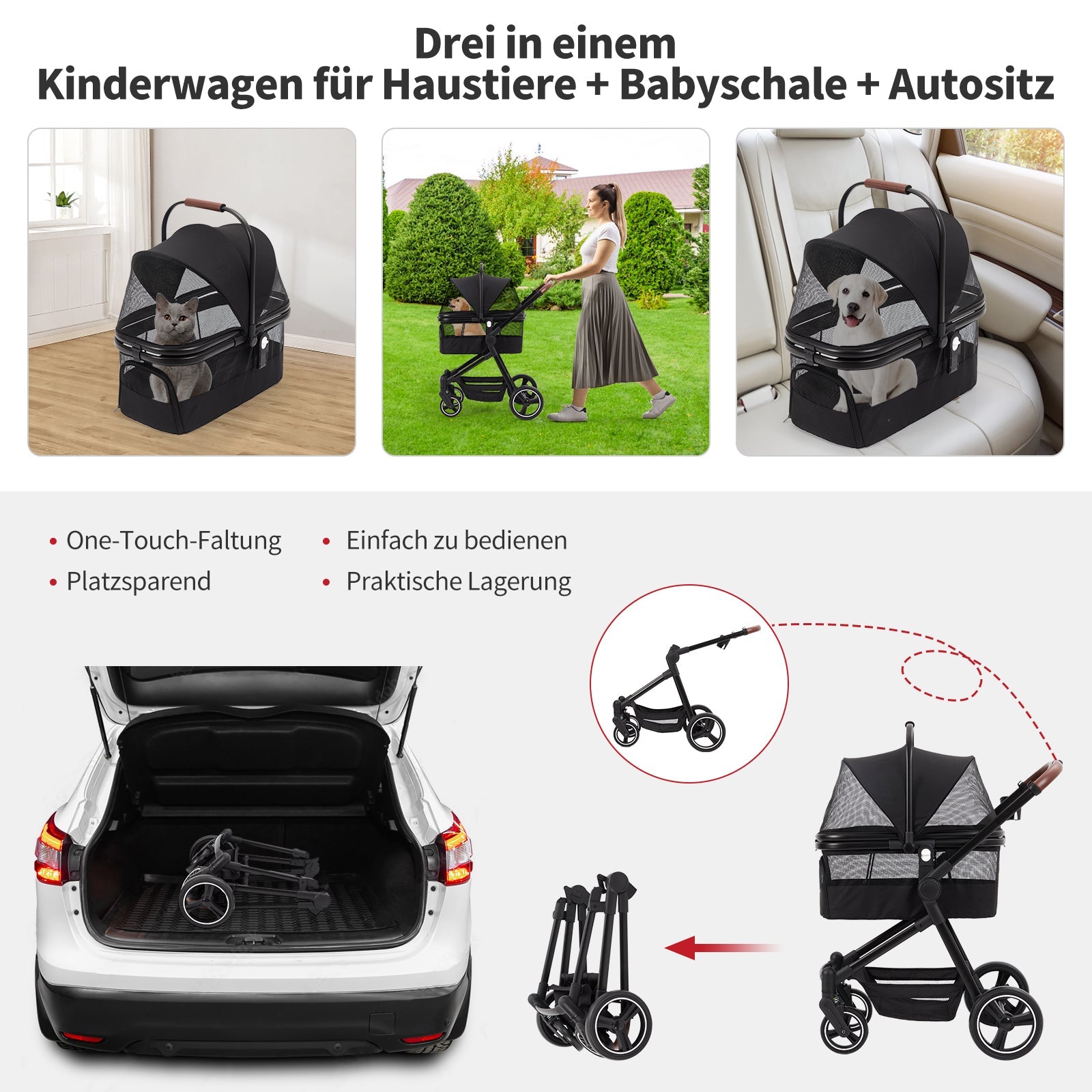 Passeggino pieghevole e richiudibile per cani GARVEE fino a 22 kg, nero | Con trasportino, finestre in rete, parapioggia e cestino | Per cani e animali domestici