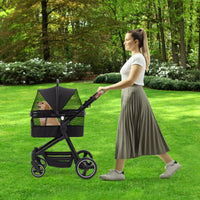 Passeggino pieghevole e richiudibile per cani GARVEE fino a 22 kg, nero | Con trasportino, finestre in rete, parapioggia e cestino | Per cani e animali domestici