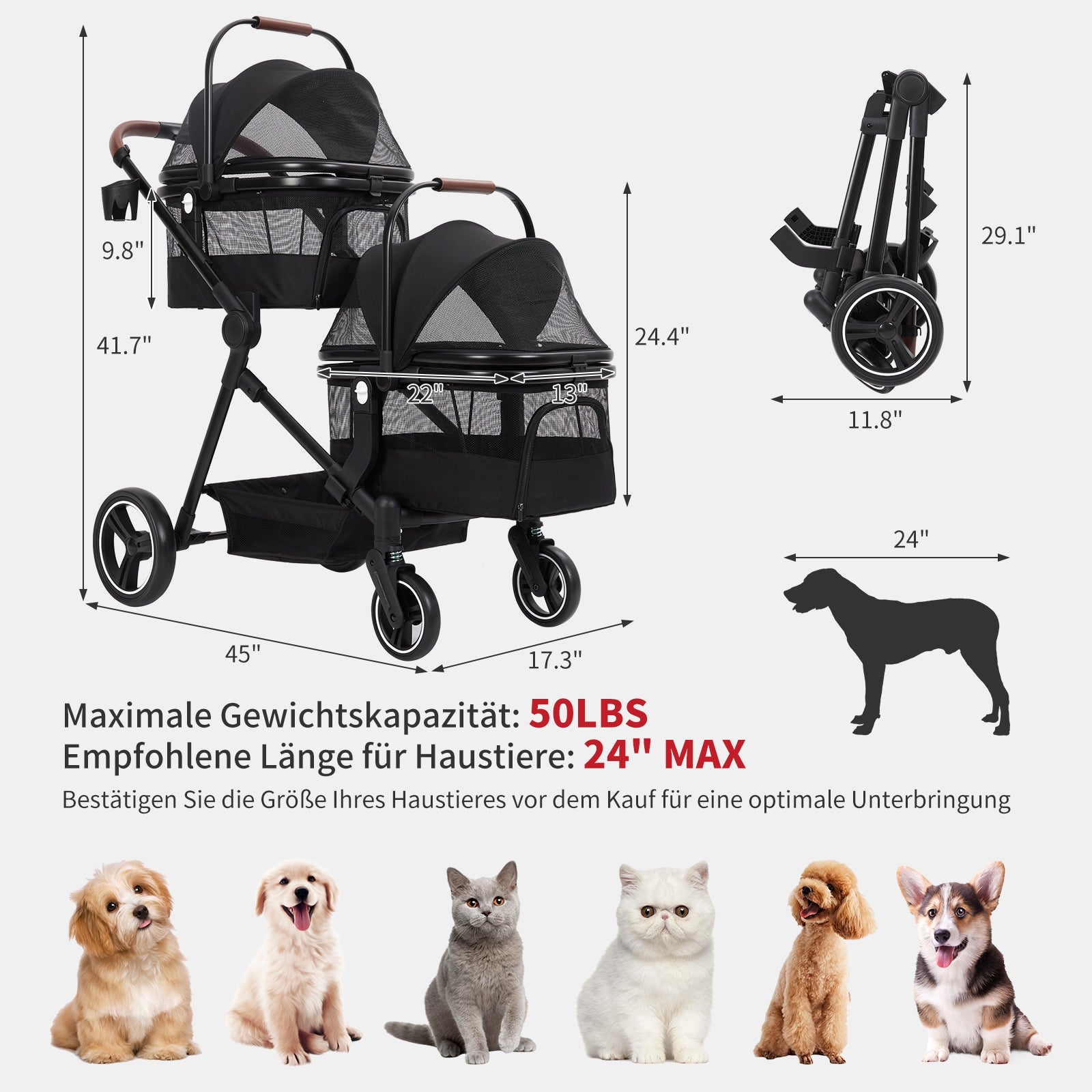 Passeggino pieghevole per cani GARVEE con 2 trasportini per animali domestici fino a 22 kg, finestra in rete, portabicchieri, parapioggia, pieghevole, nero