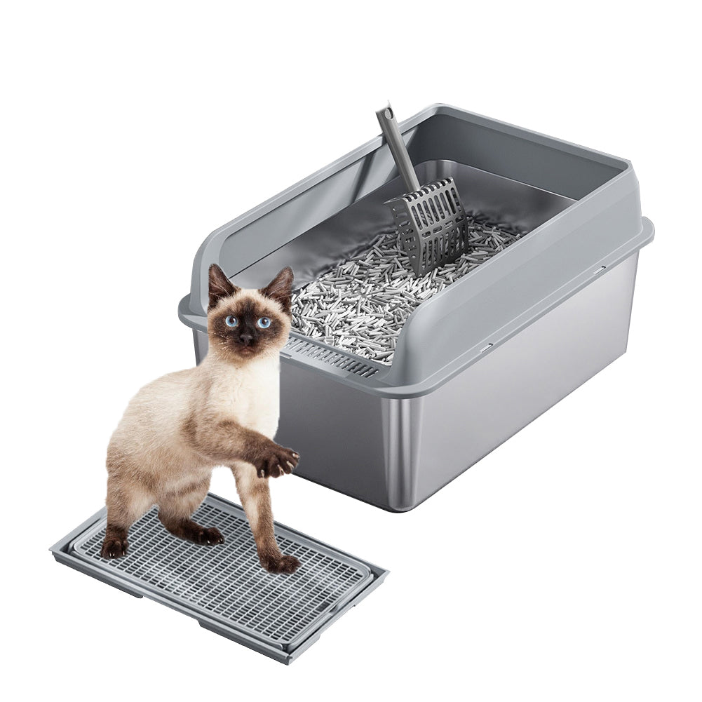 GARVEE Lettiera per gatti XXL in acciaio inox con coperchio e pedale filtro per uso domestico, 60x40x30 cm, argento