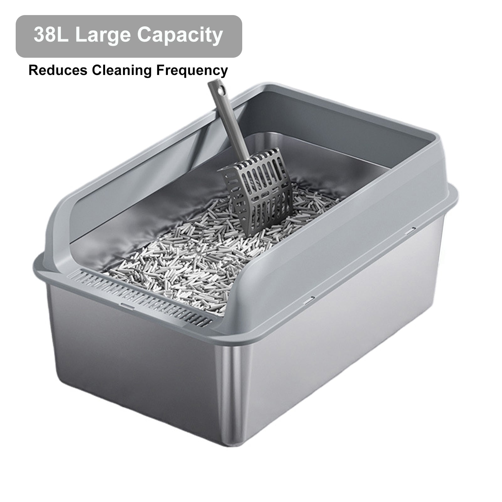 GARVEE Lettiera per gatti XXL in acciaio inox con coperchio e pedale filtro per uso domestico, 60x40x30 cm, argento