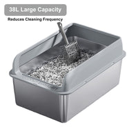GARVEE Lettiera per gatti XXL in acciaio inox con coperchio e pedale filtro per uso domestico, 60x40x30 cm, argento