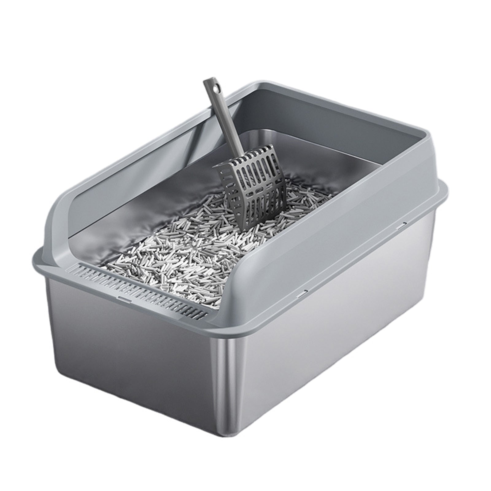 GARVEE Lettiera per gatti XXL in acciaio inox con coperchio e pedale filtro per uso domestico, 60x40x30 cm, argento