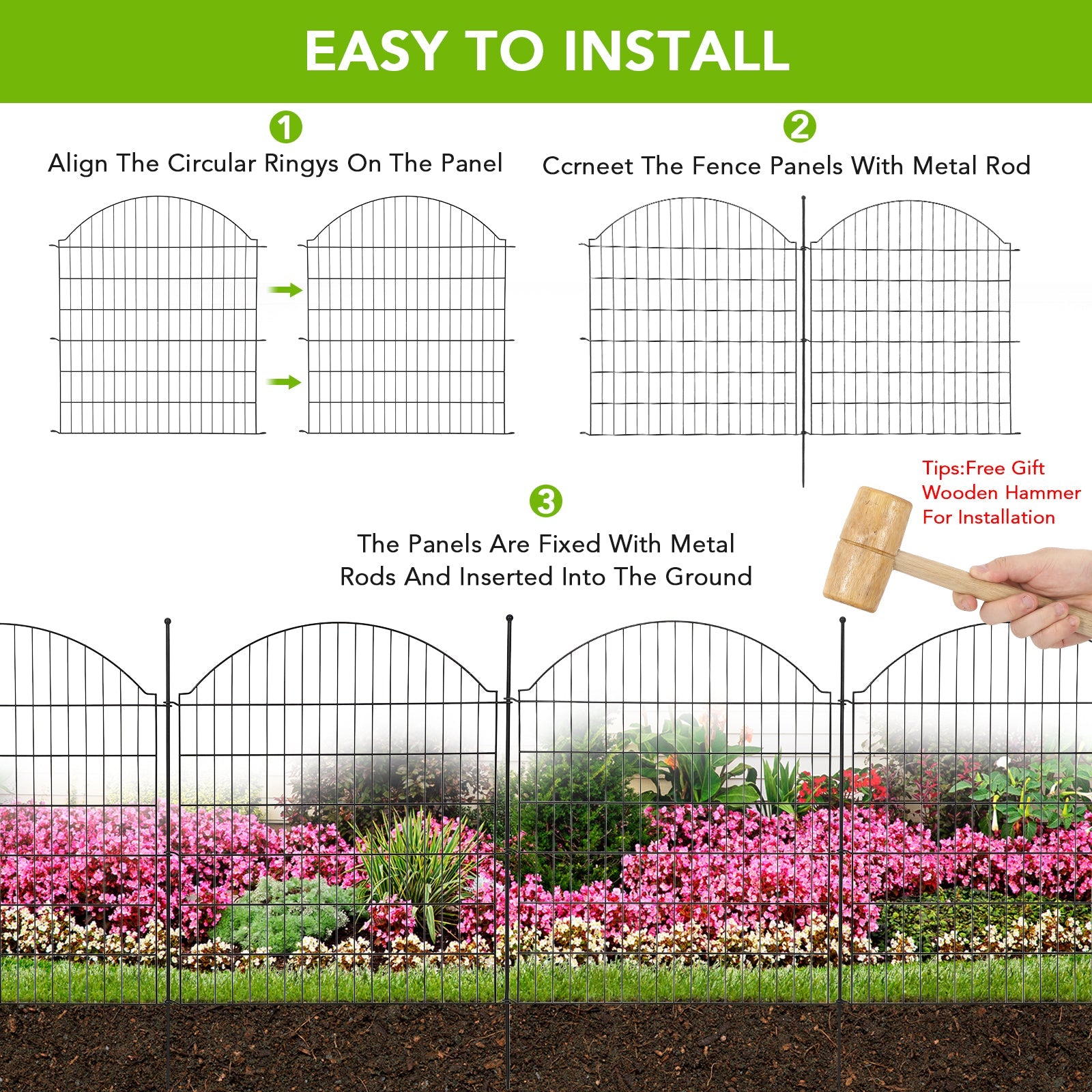 Recinzione decorativa da giardino Garvee, 15 pannelli, filo metallico, antiruggine, flessibile, barriera per animali, 29 x 32 piedi, nero, per cortile e patio