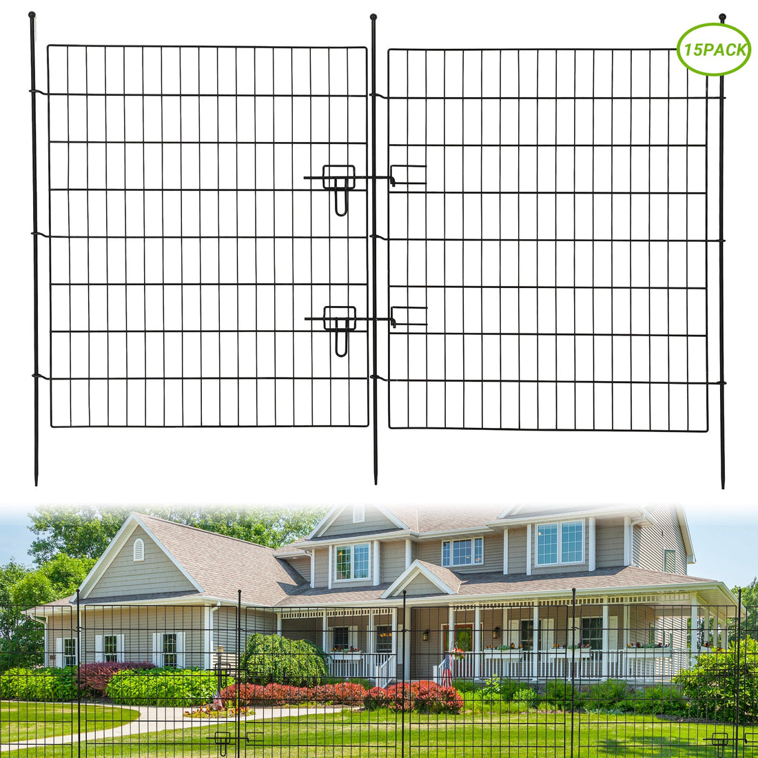 Recinzione decorativa da giardino Garvee, 15 pannelli con cancello, filo metallico antiruggine per cortile e patio, 29 x 32 piedi, nero