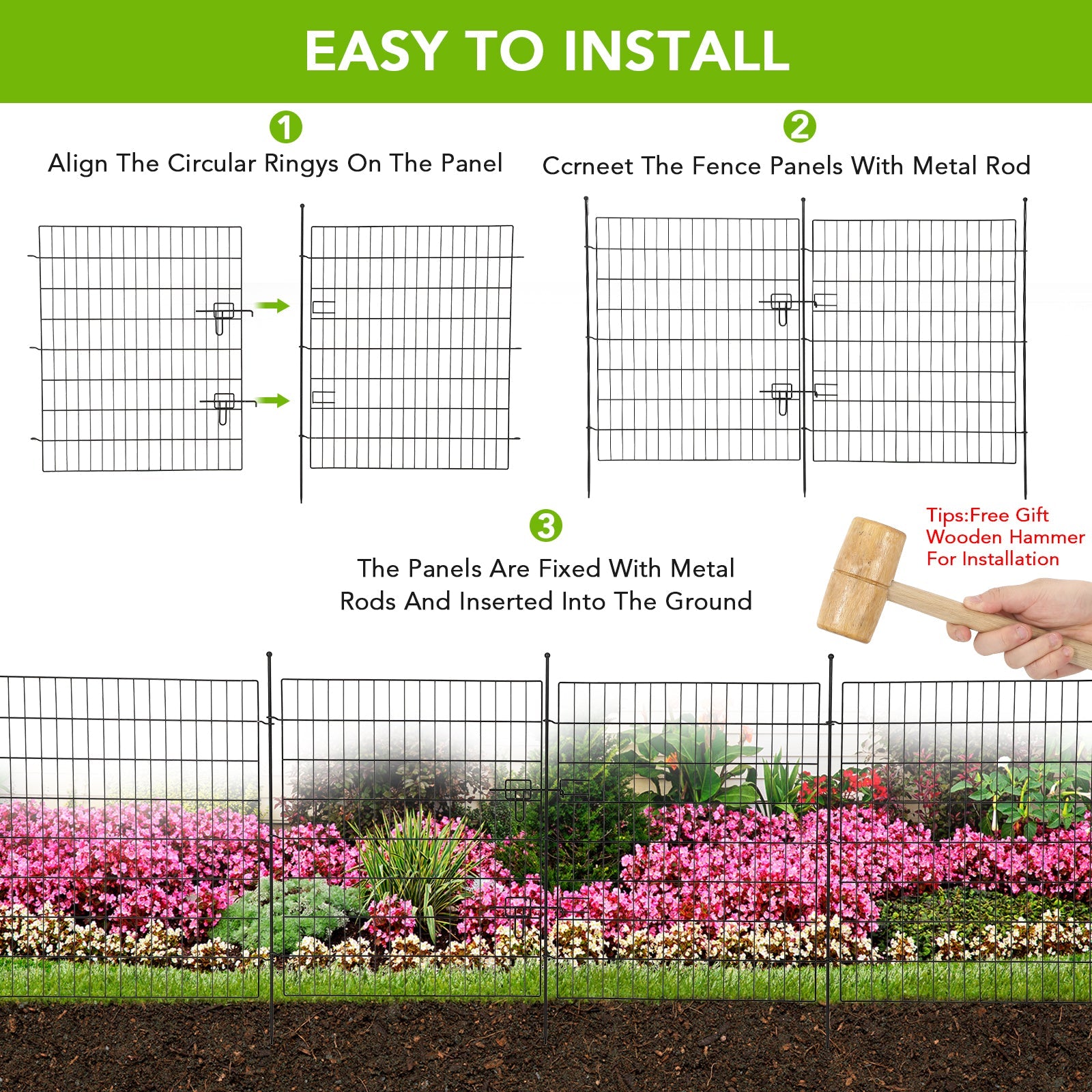 Recinzione decorativa da giardino Garvee, 15 pannelli con cancello, filo metallico antiruggine per cortile e patio, 29 x 32 piedi, nero