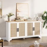 Garvee Buffet 4 Ante in Rattan Naturale, Multiuso, Ampio Spazio, Piedi in Legno, Bianco, Perfetto per Soggiorno e Cucina - White