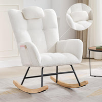 Sedia a dondolo GARVEE con rivestimento in bouclette, ergonomica e stabile, struttura in acciaio, gambe in legno massello, beige, 68,3x92x91 cm, soggiorno e allattamento