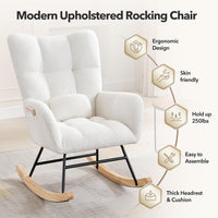 Sedia a dondolo GARVEE con rivestimento in bouclette, ergonomica e stabile, struttura in acciaio, gambe in legno massello, beige, 68,3x92x91 cm, soggiorno e allattamento