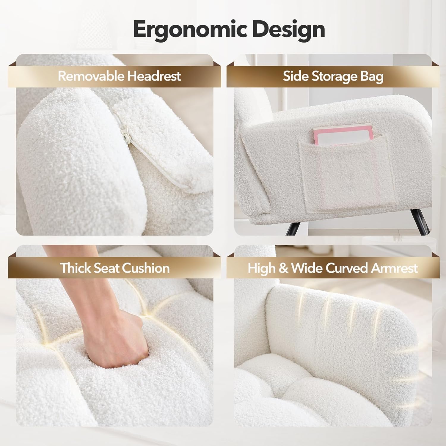 Sedia a dondolo GARVEE con rivestimento in bouclette, ergonomica e stabile, struttura in acciaio, gambe in legno massello, beige, 68,3x92x91 cm, soggiorno e allattamento