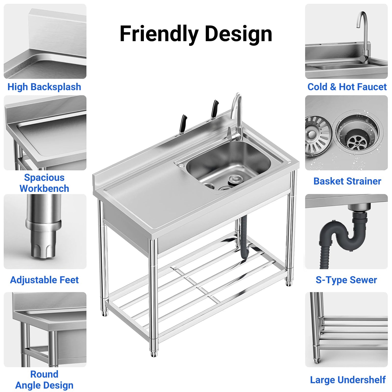 Set lavello multiuso in acciaio inox Garvee con vasca singola, rubinetto caldo e freddo, indipendente per cucina, giardino, officina, acciaio inox 304, argento