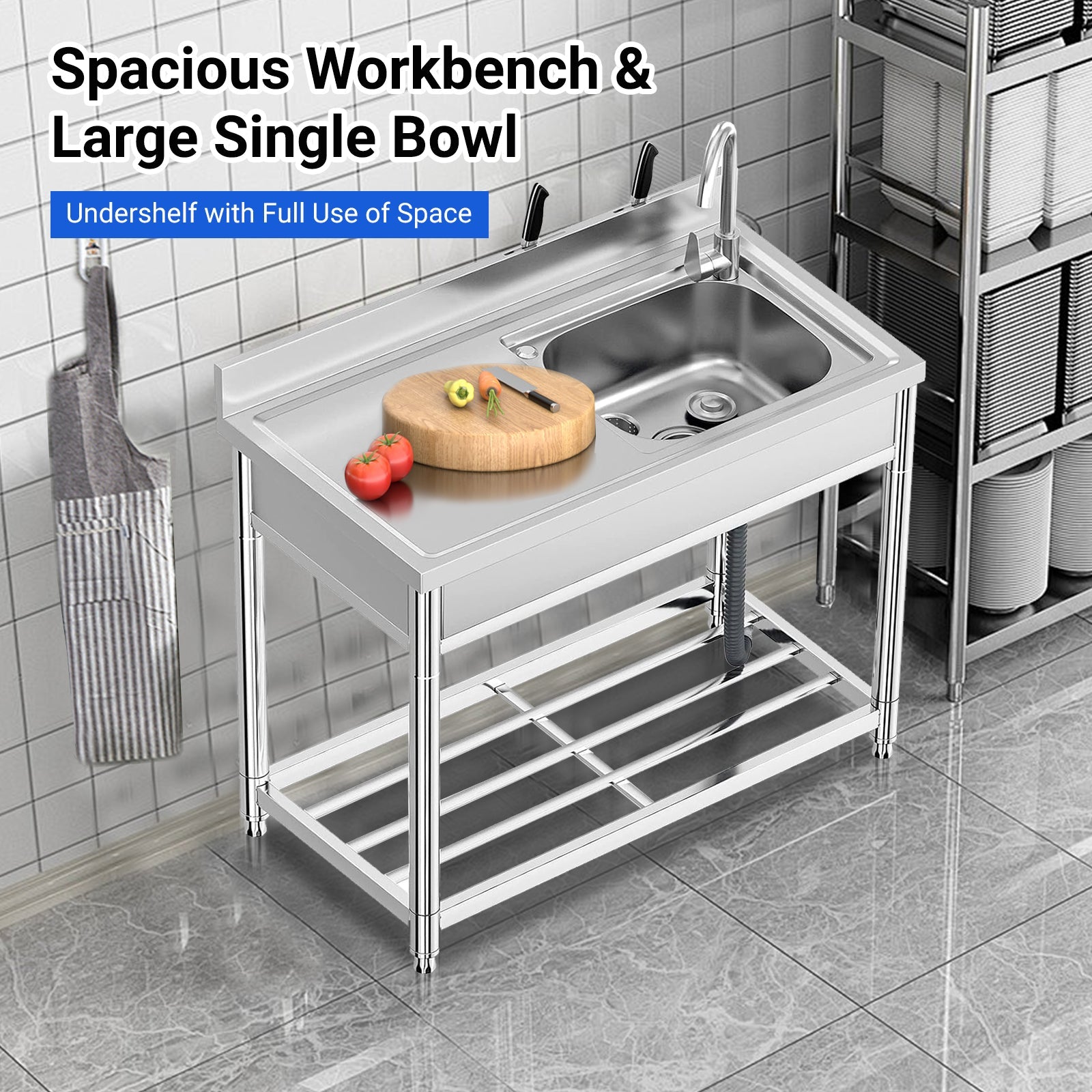 Set lavello multiuso in acciaio inox Garvee con vasca singola, rubinetto caldo e freddo, indipendente per cucina, giardino, officina, acciaio inox 304, argento