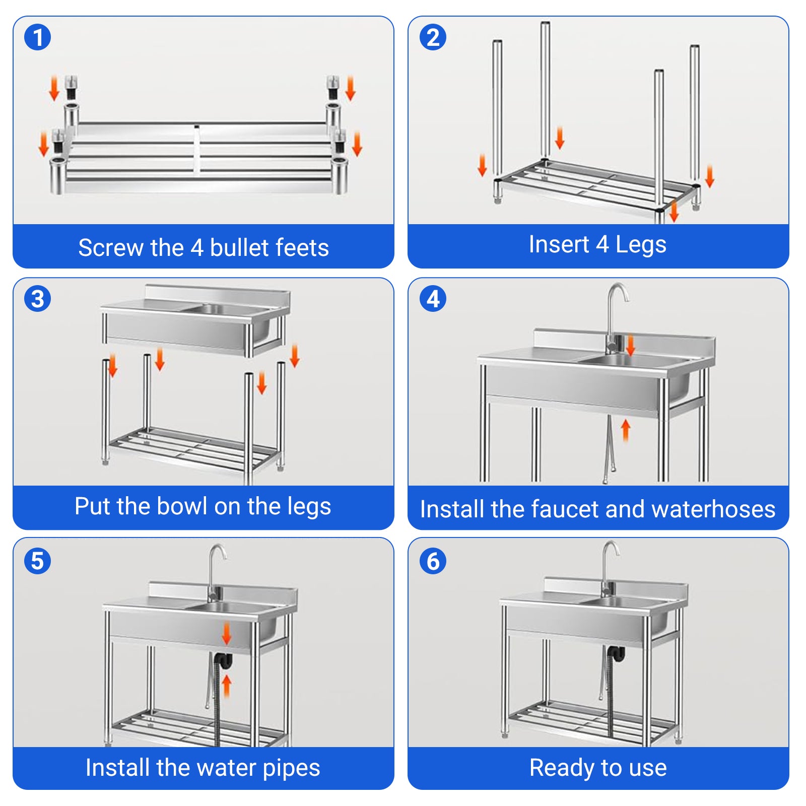 Set lavello multiuso in acciaio inox Garvee con vasca singola, rubinetto caldo e freddo, indipendente per cucina, giardino, officina, acciaio inox 304, argento