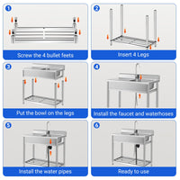 Set lavello multiuso in acciaio inox Garvee con vasca singola, rubinetto caldo e freddo, indipendente per cucina, giardino, officina, acciaio inox 304, argento