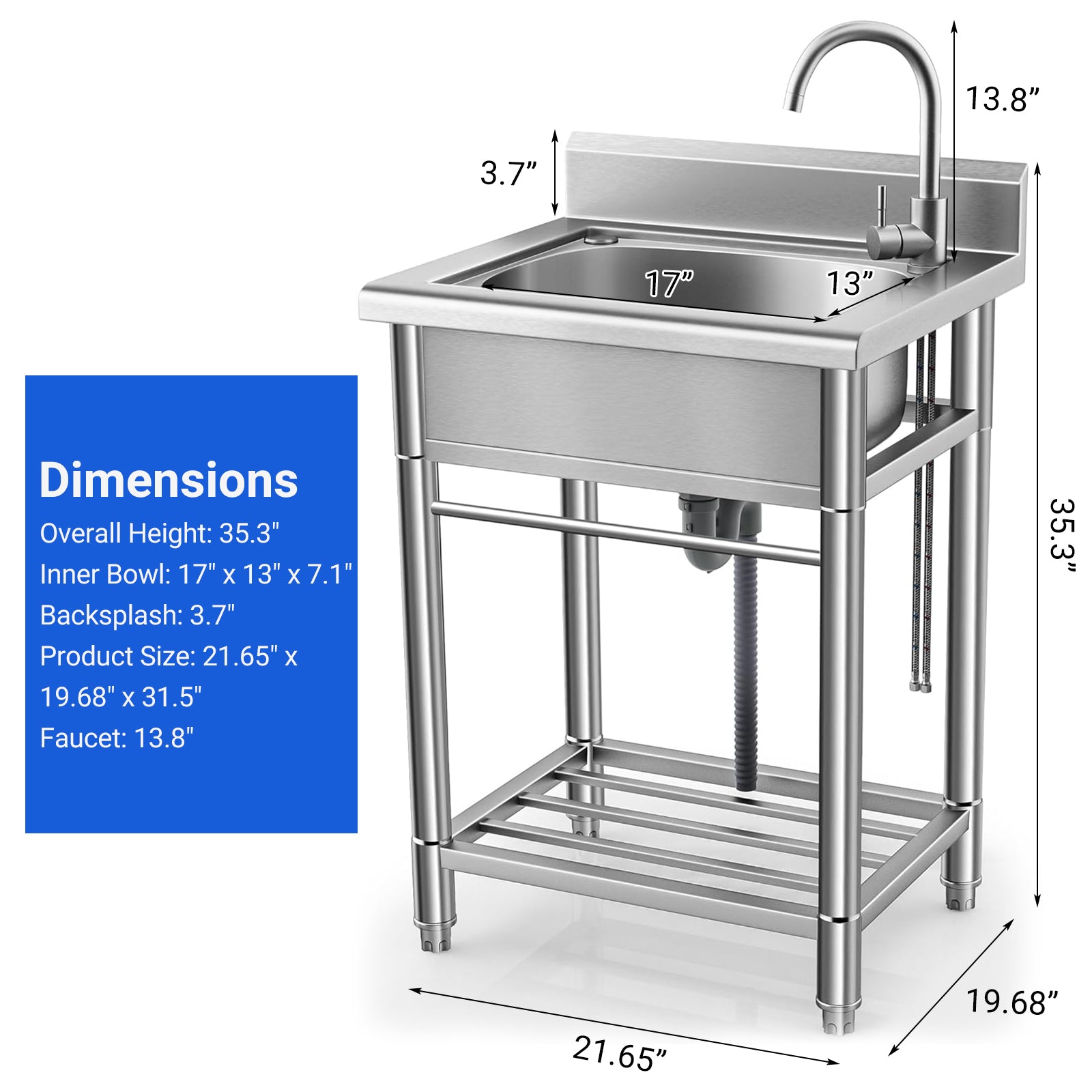 Lavello di servizio Garvee in acciaio inossidabile con grande vasca singola, acciaio 304, rubinetto caldo e freddo, indipendente per cucina, lavanderia, garage, argento, 17x13 pollici