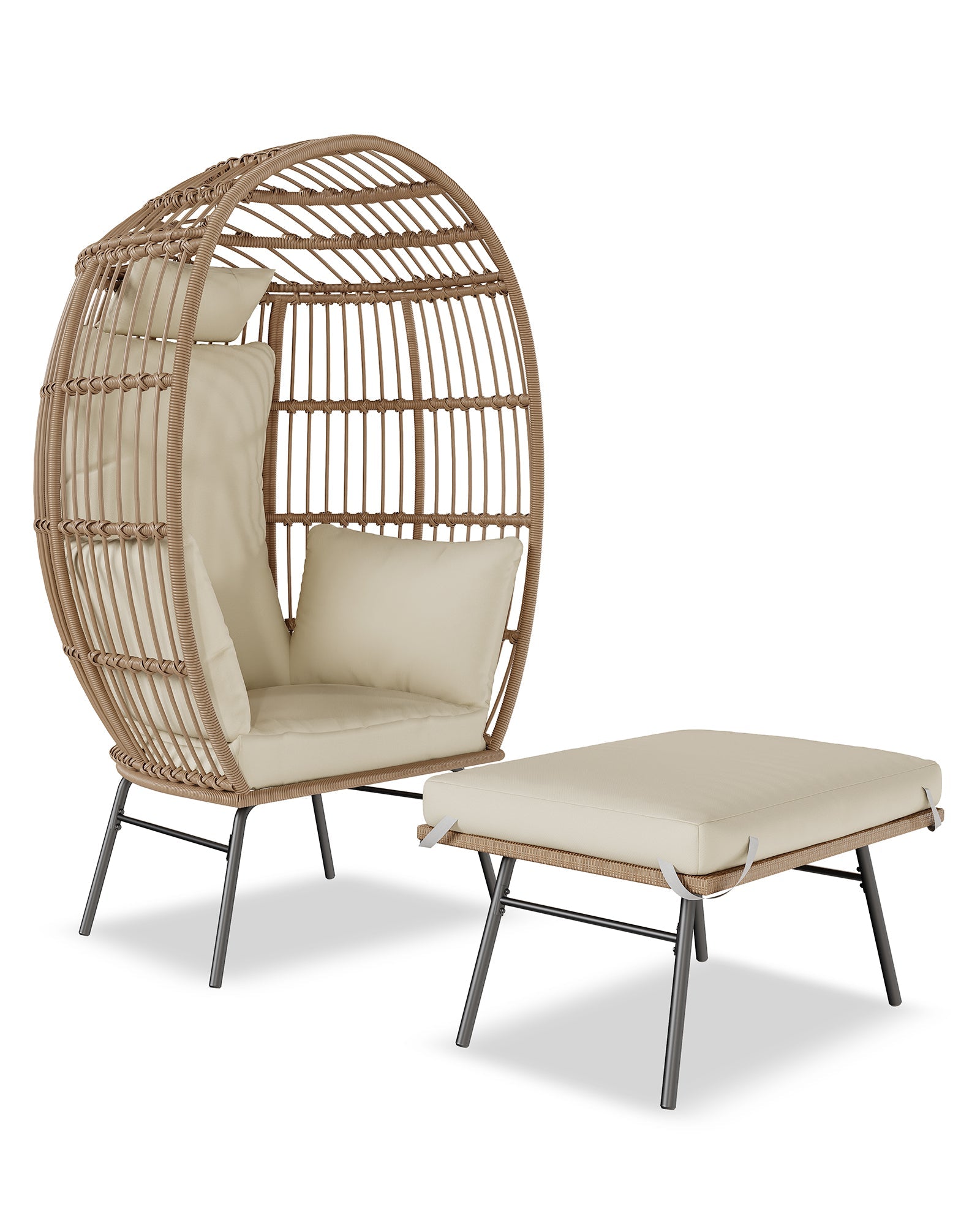 GARVEE Sedia a forma di uovo in vimini con pouf, poltrona in rattan, cuscino spesso e confortevole, struttura in acciaio resistente alle intemperie, versatile, per giardino e terrazza
