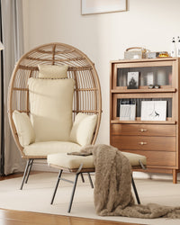 GARVEE Sedia a forma di uovo in vimini con pouf, poltrona in rattan, cuscino spesso e confortevole, struttura in acciaio resistente alle intemperie, versatile, per giardino e terrazza