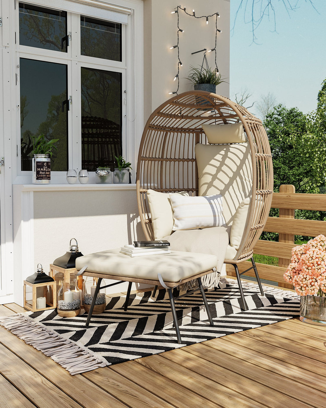 GARVEE Sedia a forma di uovo in vimini con pouf, poltrona in rattan, cuscino spesso e confortevole, struttura in acciaio resistente alle intemperie, versatile, per giardino e terrazza