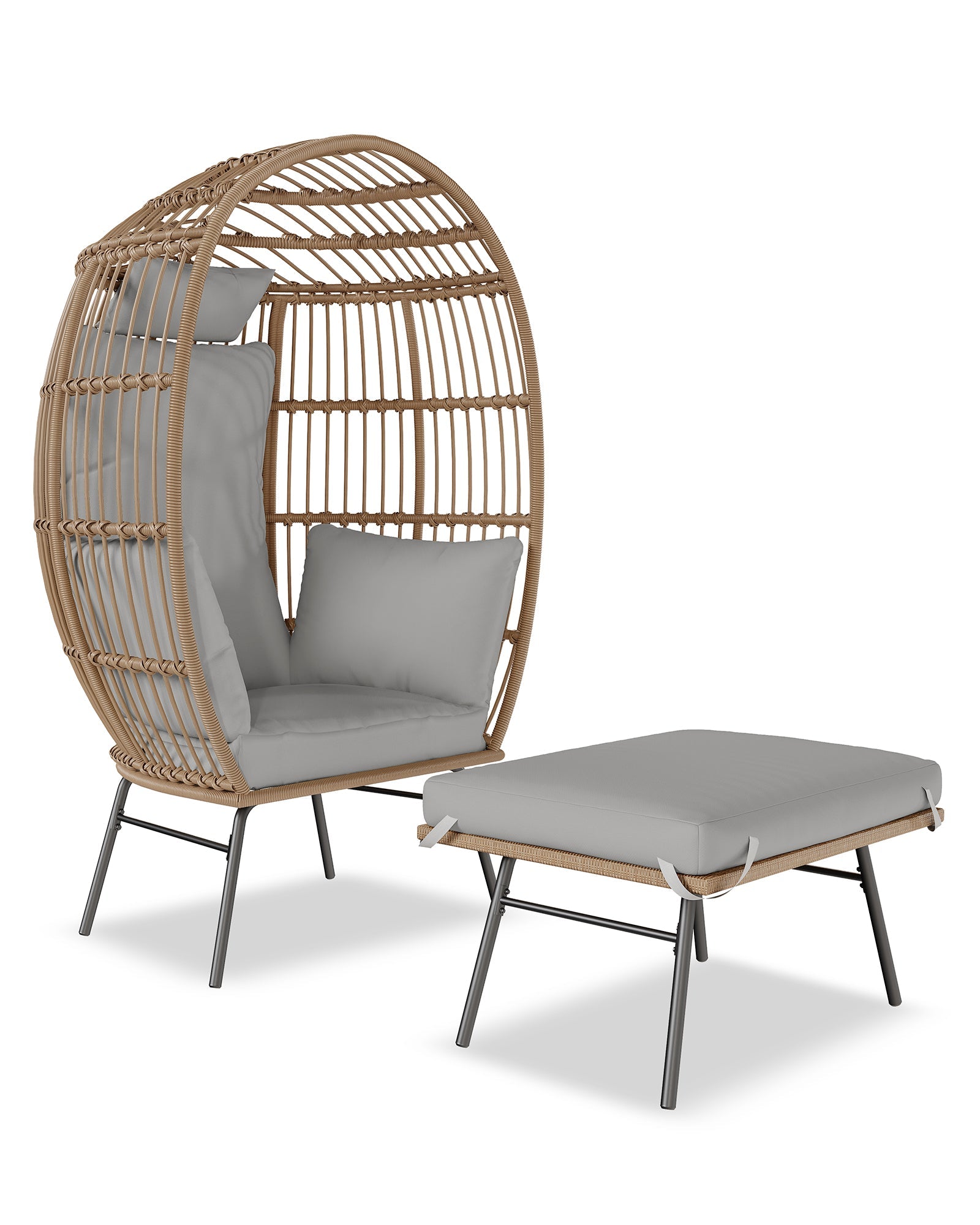 GARVEE Sedia a uovo in vimini con pouf, poltrona lounge in rattan, cuscino spesso e confortevole, resistente alle intemperie, struttura in acciaio, per giardino e terrazza
