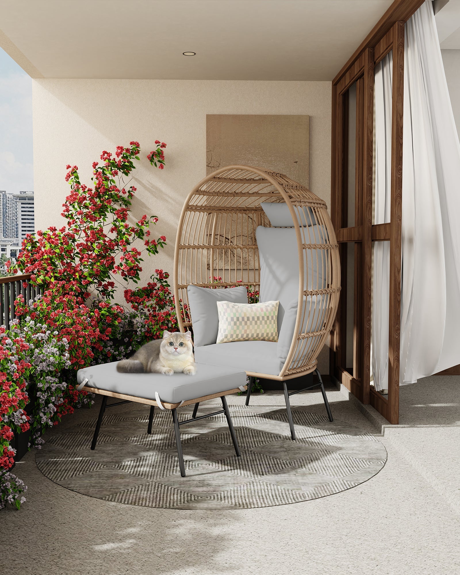 GARVEE Sedia a uovo in vimini con pouf, poltrona lounge in rattan, cuscino spesso e confortevole, resistente alle intemperie, struttura in acciaio, per giardino e terrazza